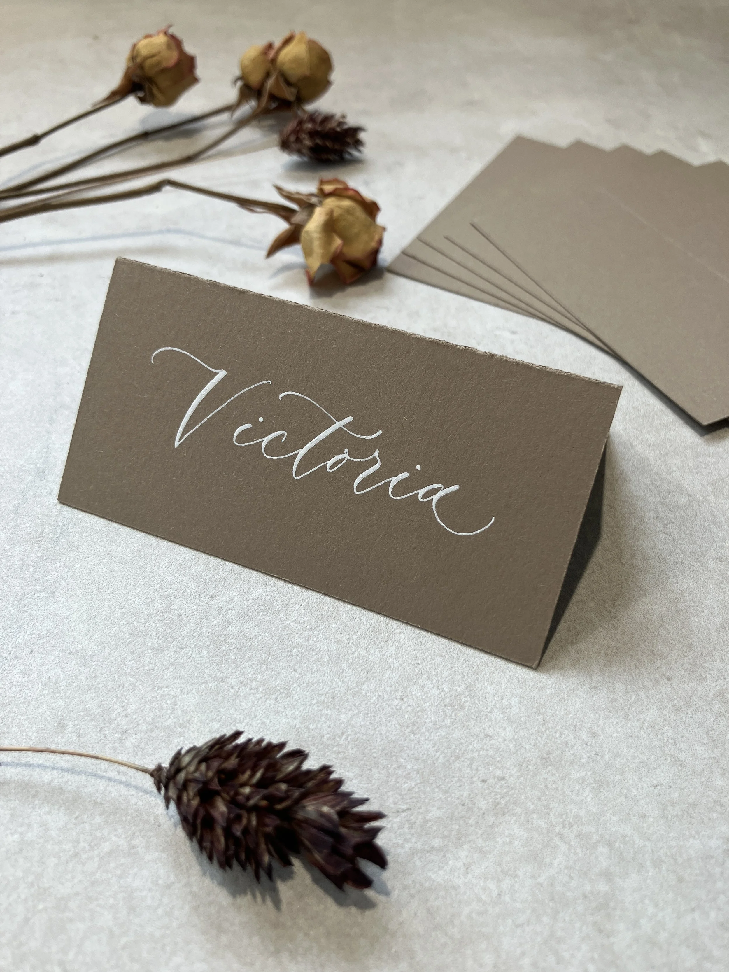 Taupe light brown tent fold place cards | wedding, event &  party stationery