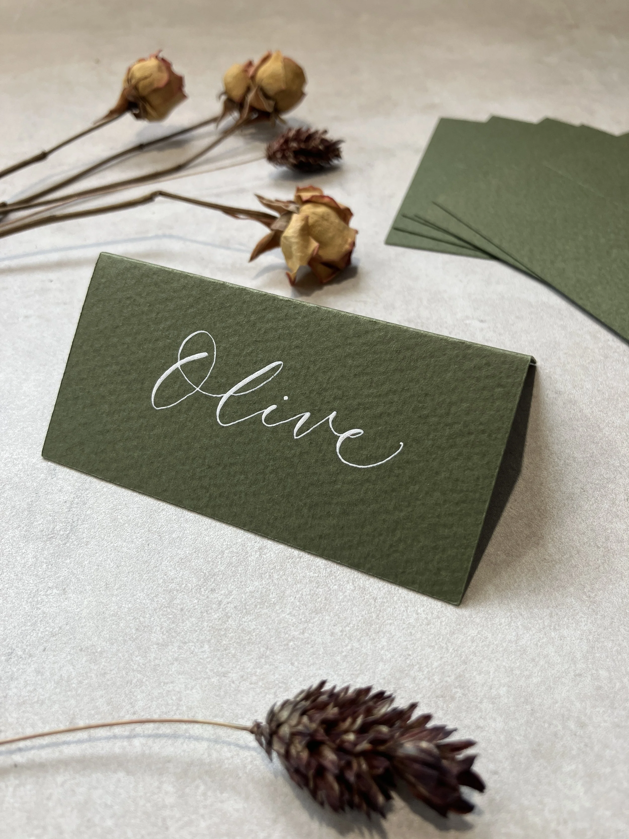Olive green tent fold place cards | wedding, event &  party stationery
