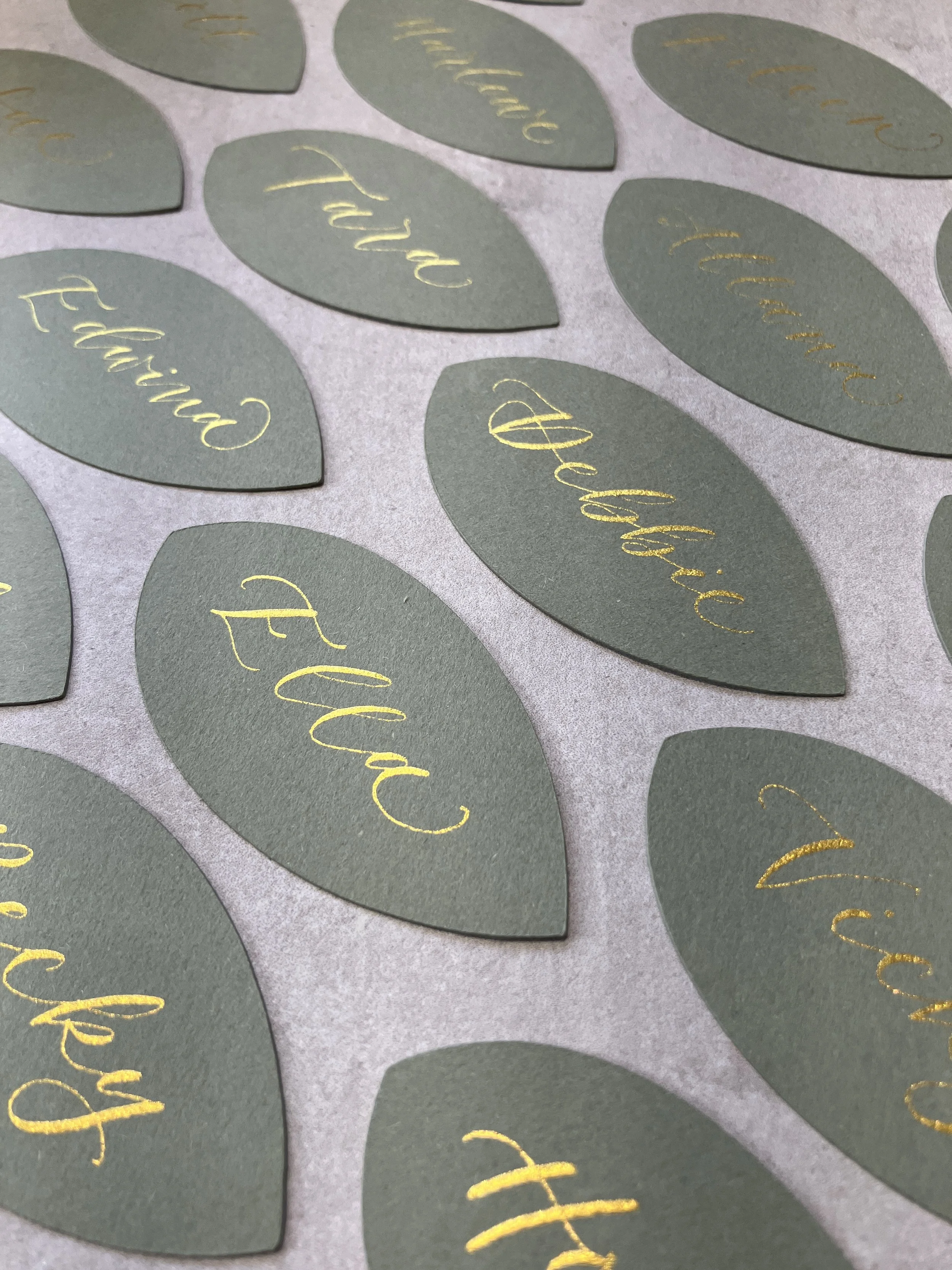 Calligraphy Leaf Place Cards: Wedding Table Setting