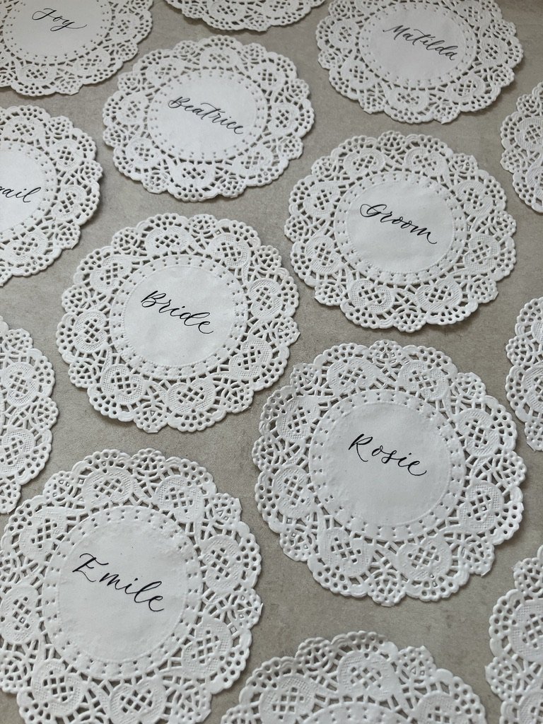 Paper Doily Calligraphy Place Cards - Weddings & Events | Classic English Tea Party