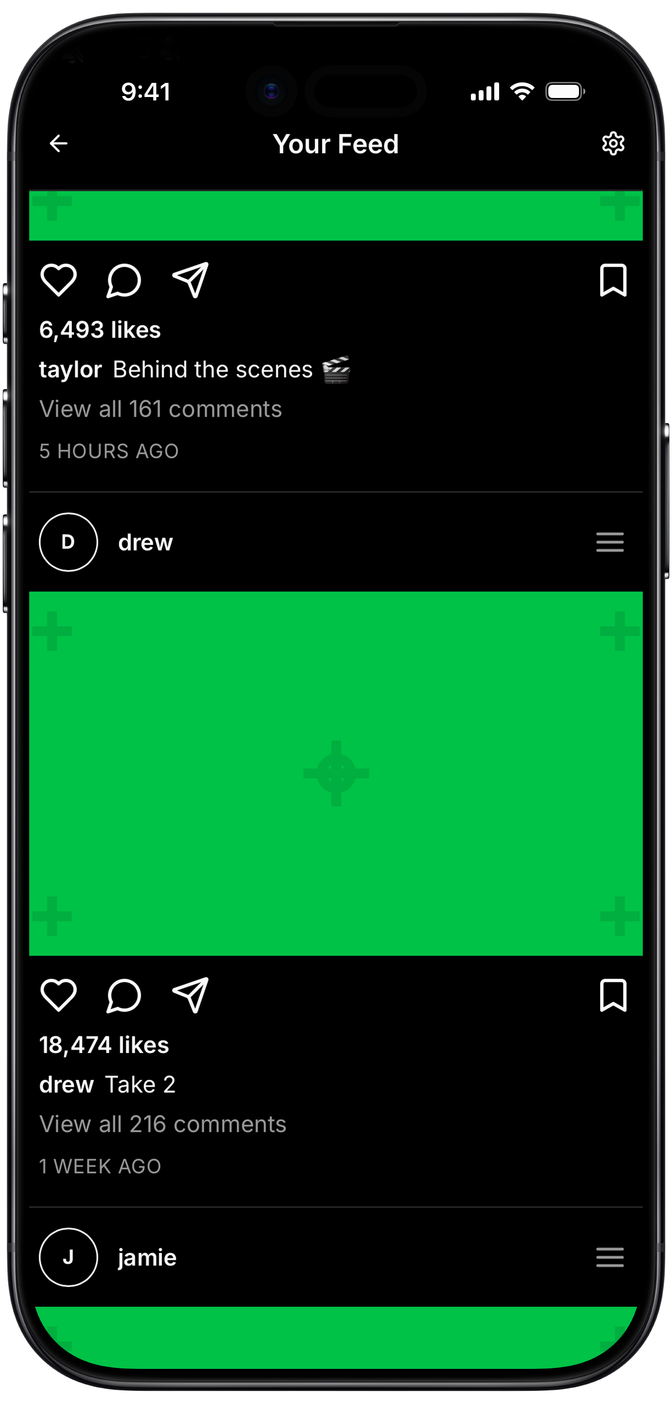 Smartphone screen displaying social media feeds with profile names and posts, green placeholder images, like counts, and comments.