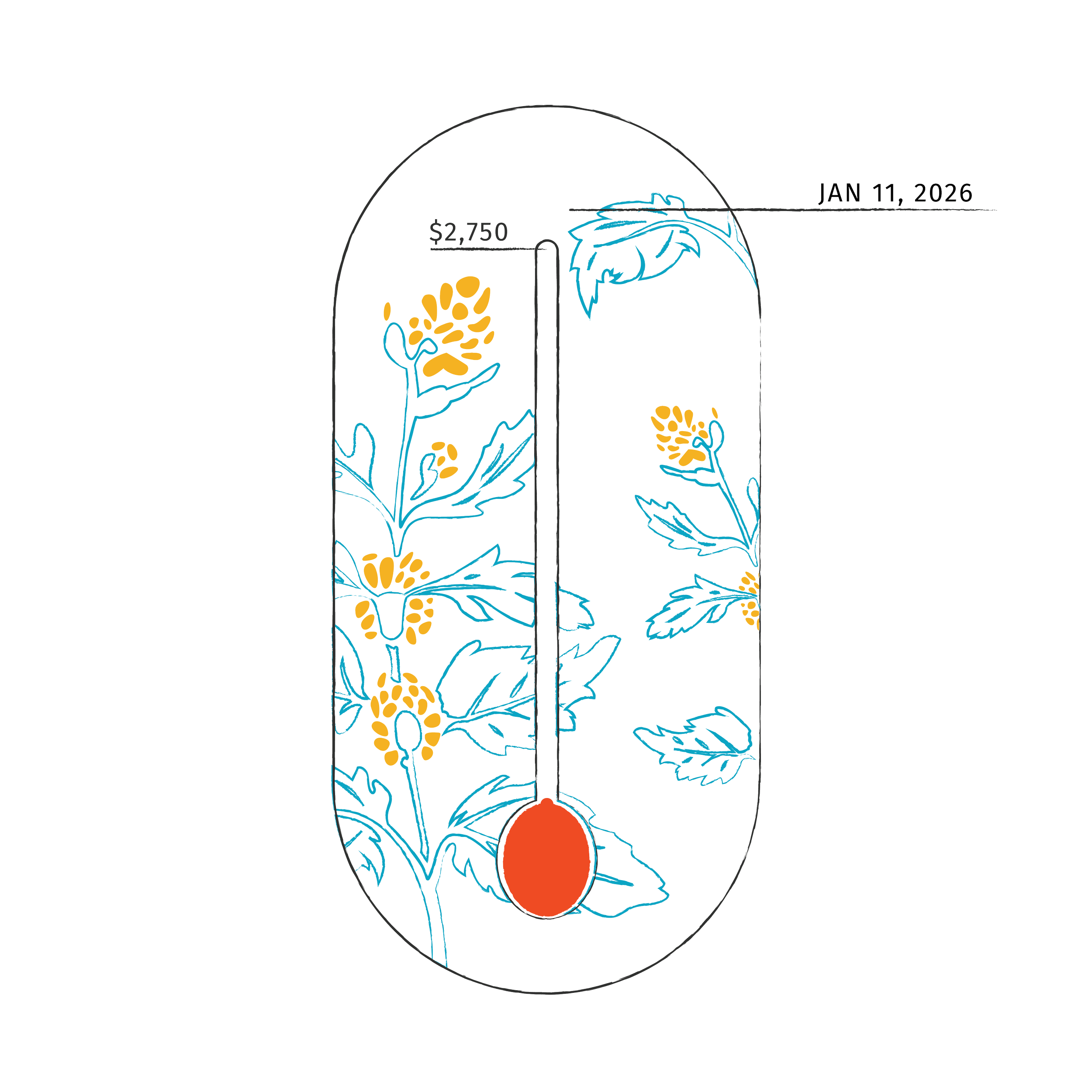A handdrawn thermometer, decorated with a nettle pattern, shows how close Nettlepoint Farm is to reaching its annual financial goal.