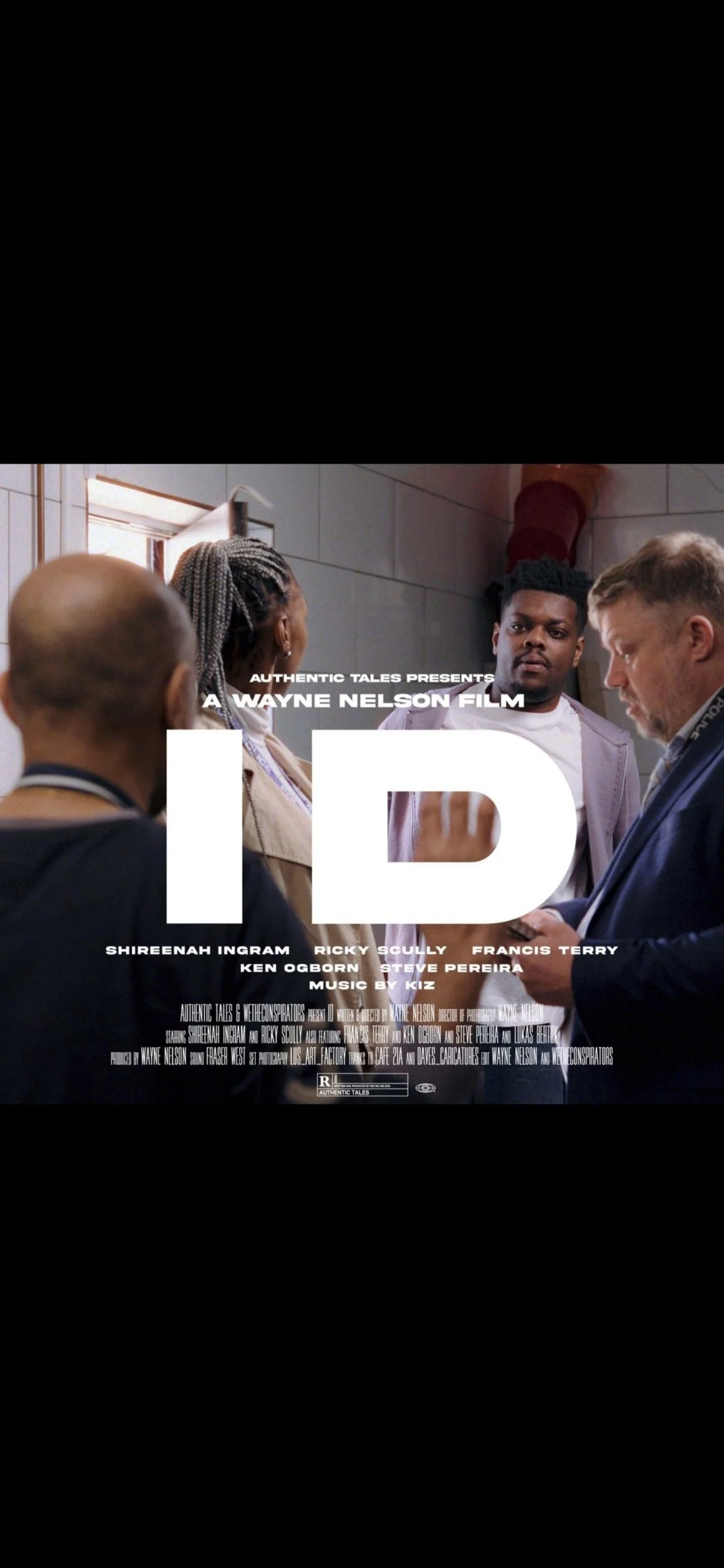 Promotional poster for a film titled 'ID', showing four diverse people in a conversation in a tiled room, with the names Shireenah Ingram, Ricky Scully, Francis Terry, Ken Ogborn, and Steve Pereira listed as cast members.