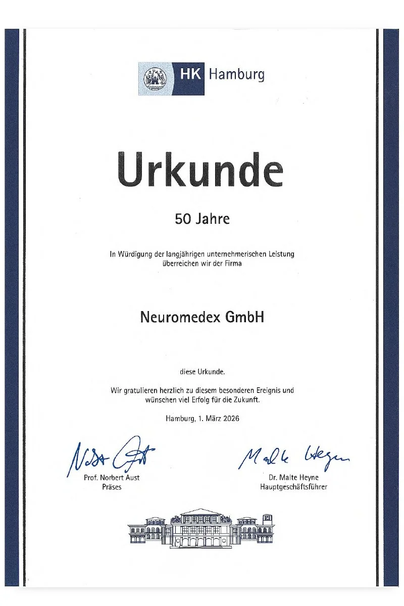 Neuromedex celebrates 50 years and Hamburg Chamber of Commerce honors half a century of innovation and reliability