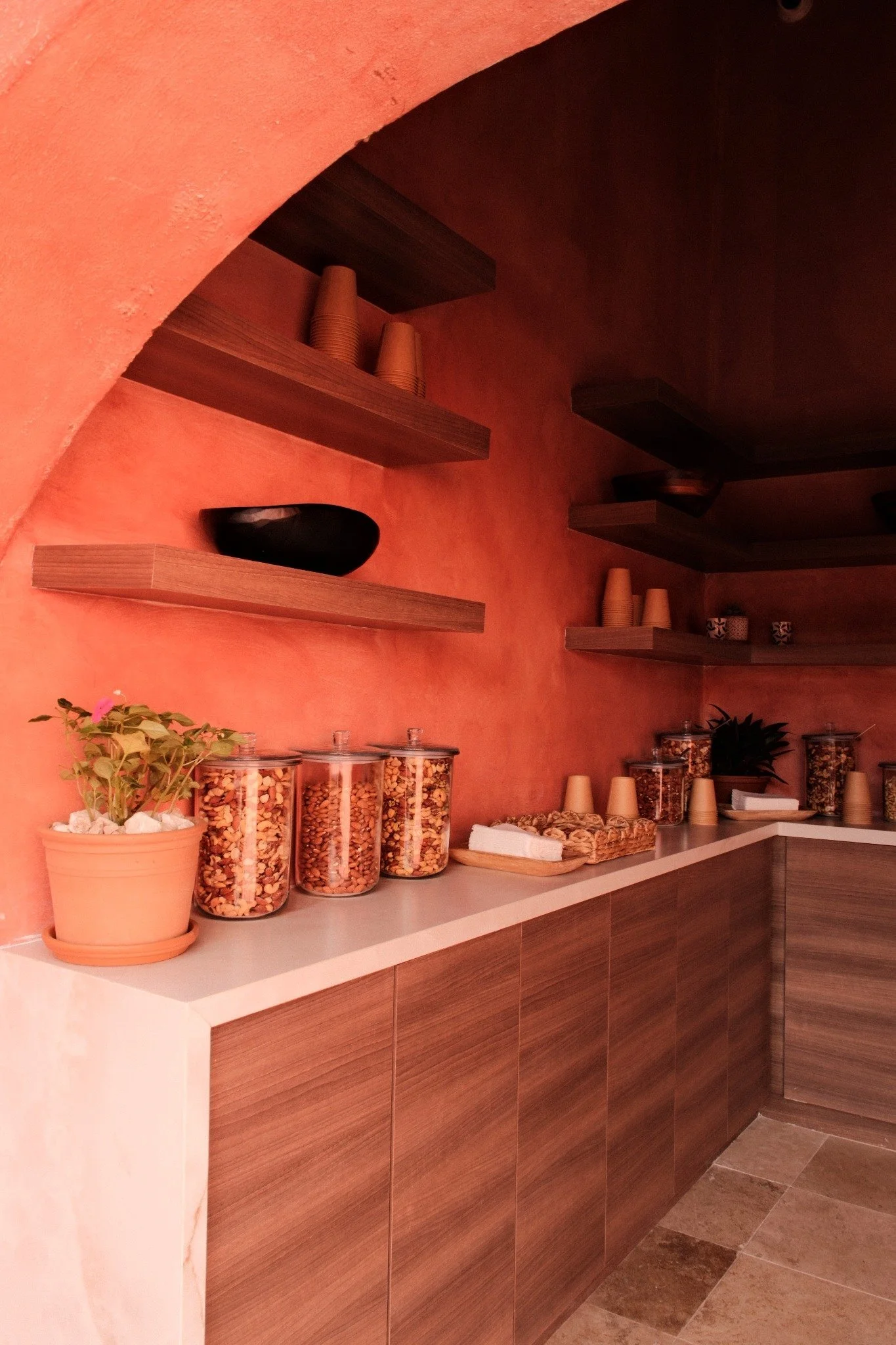 A cozy outdoor kitchen area with a red brick wall and green foliage on the left side, an arched opening leading into a space with beige cabinets, a white countertop, and decorative items, with sunlight casting shadows on the wall.