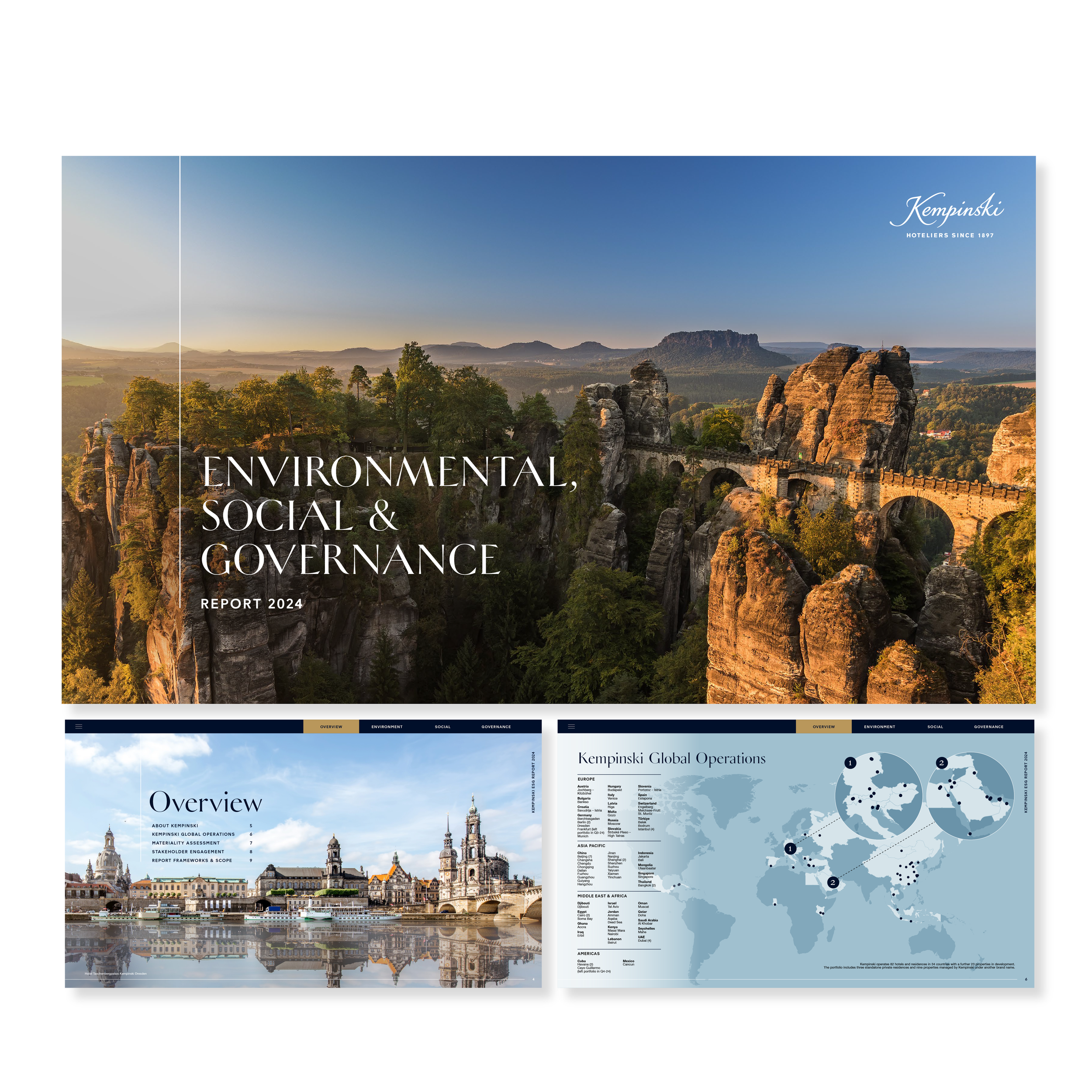 Cover page of the 2024 Kempinski Environmental, Social & Governance report featuring a scenic landscape with rocky formations , with two interior pages showing a cityscape and a global operations map.
