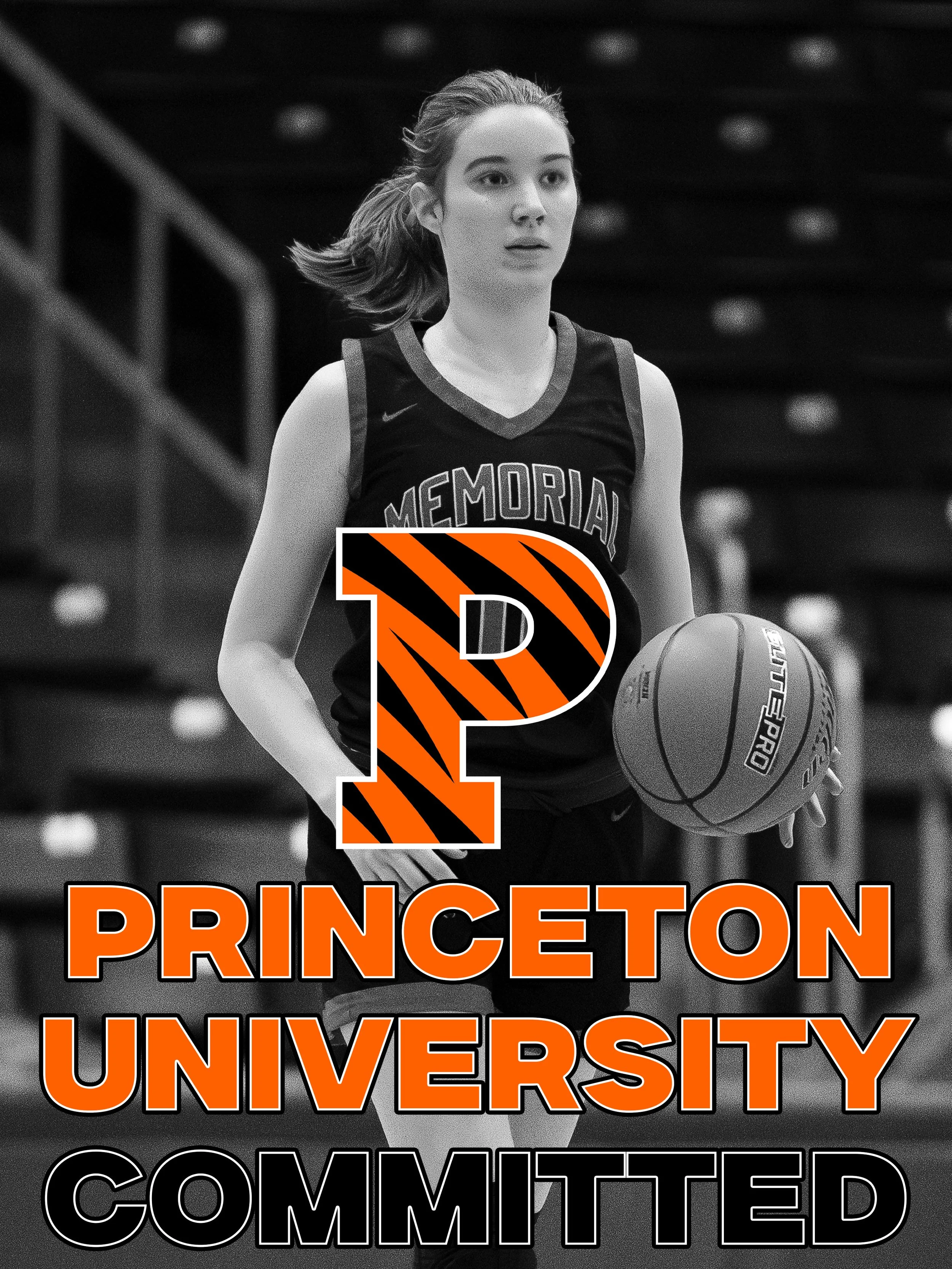 A young woman in a basketball uniform holding a basketball, smiling in a gymnasium, with overlaid text saying 'Committed to Princeton University' and a large letter 'P' with orange and black stripes.