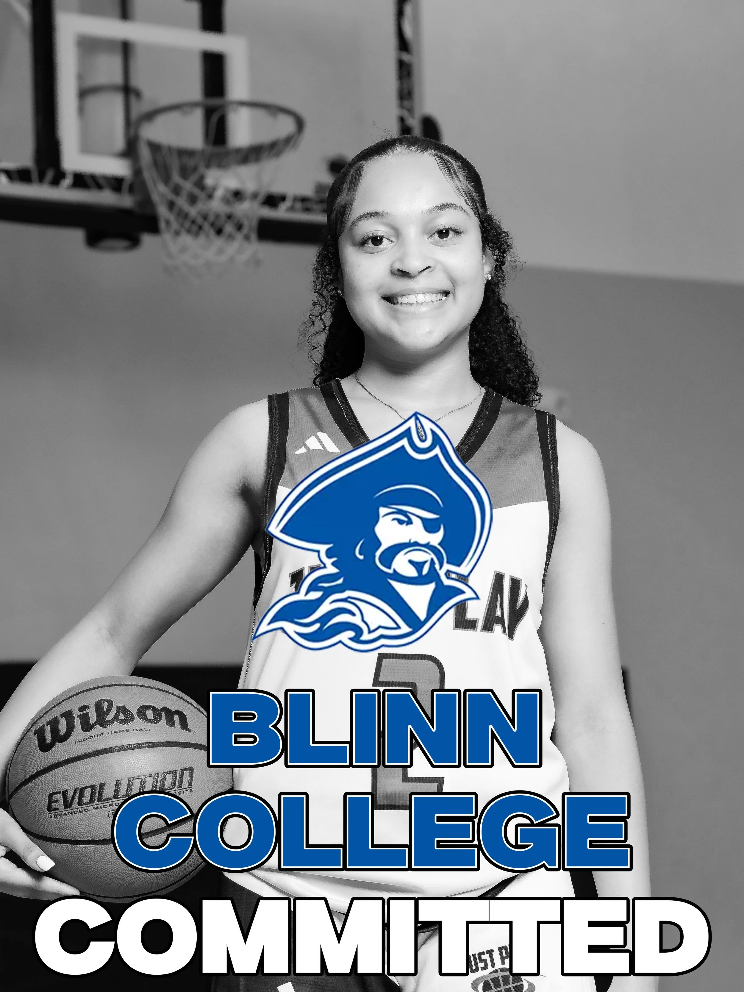 A young female basketball player holding a Wilson basketball posing in front of a basketball hoop in a gym. The image has text over it that says "COMMITTED" and "BLINN COLLEGE" with a pirate logo.
