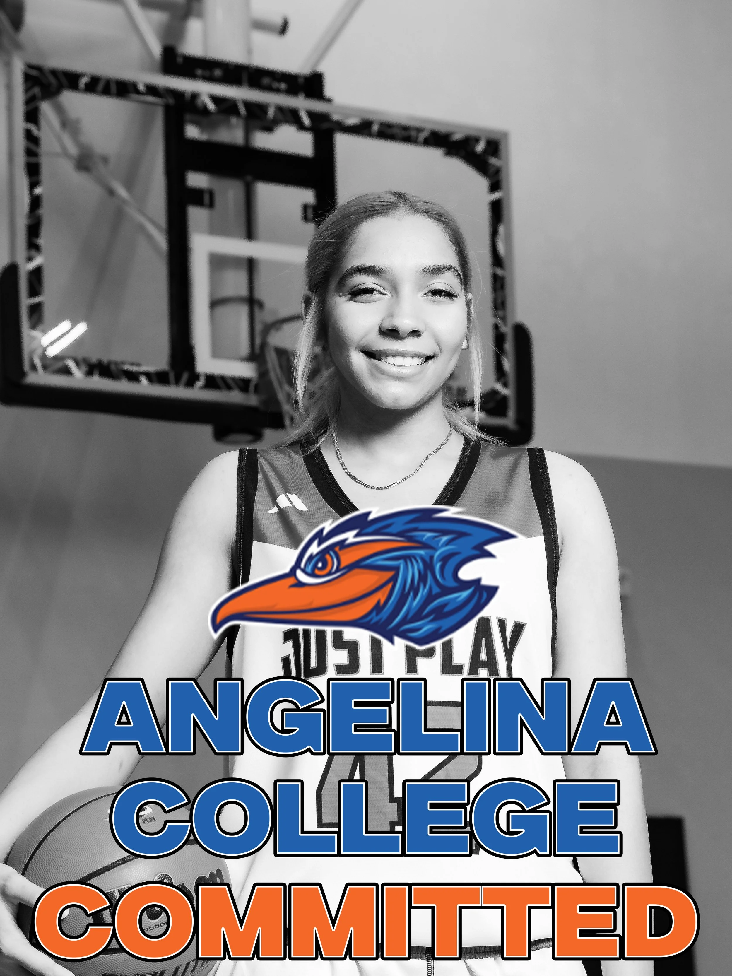 A young woman in a basketball uniform holding a Wilson basketball stands in a gymnasium with a basketball hoop behind her. She is smiling at the camera.