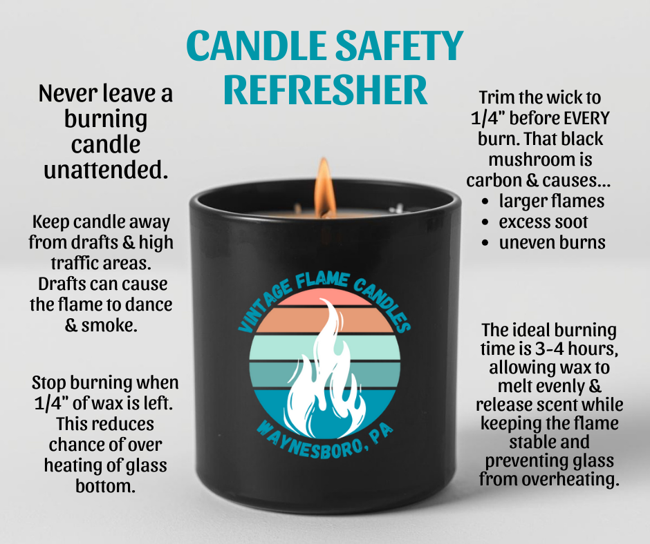 Informational poster on candle safety tips, featuring a black candle holder with a candle inside and the text highlights about not leaving candles unattended, trimming wicks, and proper burning times, with a logo for Vintage Flame Candles, Waynesboro, PA.