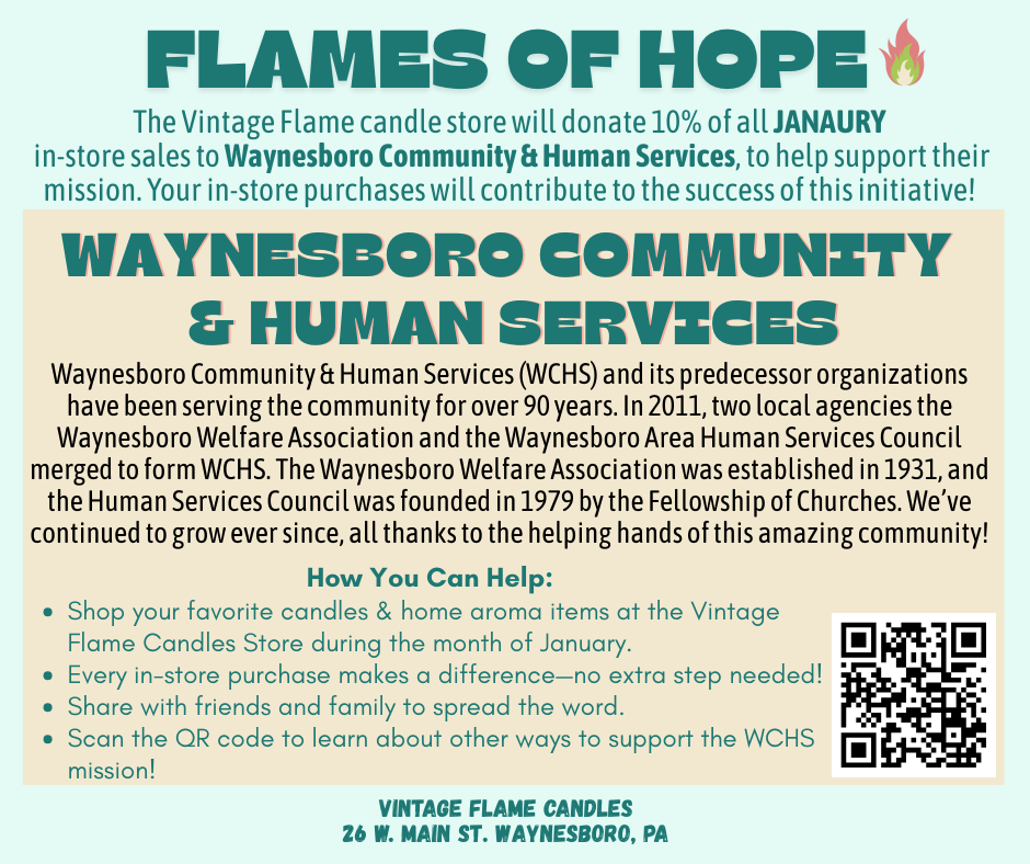 Poster for 'Flames of Hope' campaign by Vintage Flame Candles, listing donation details to Waynesboro Community & Human Services during January, with a QR code for more info.