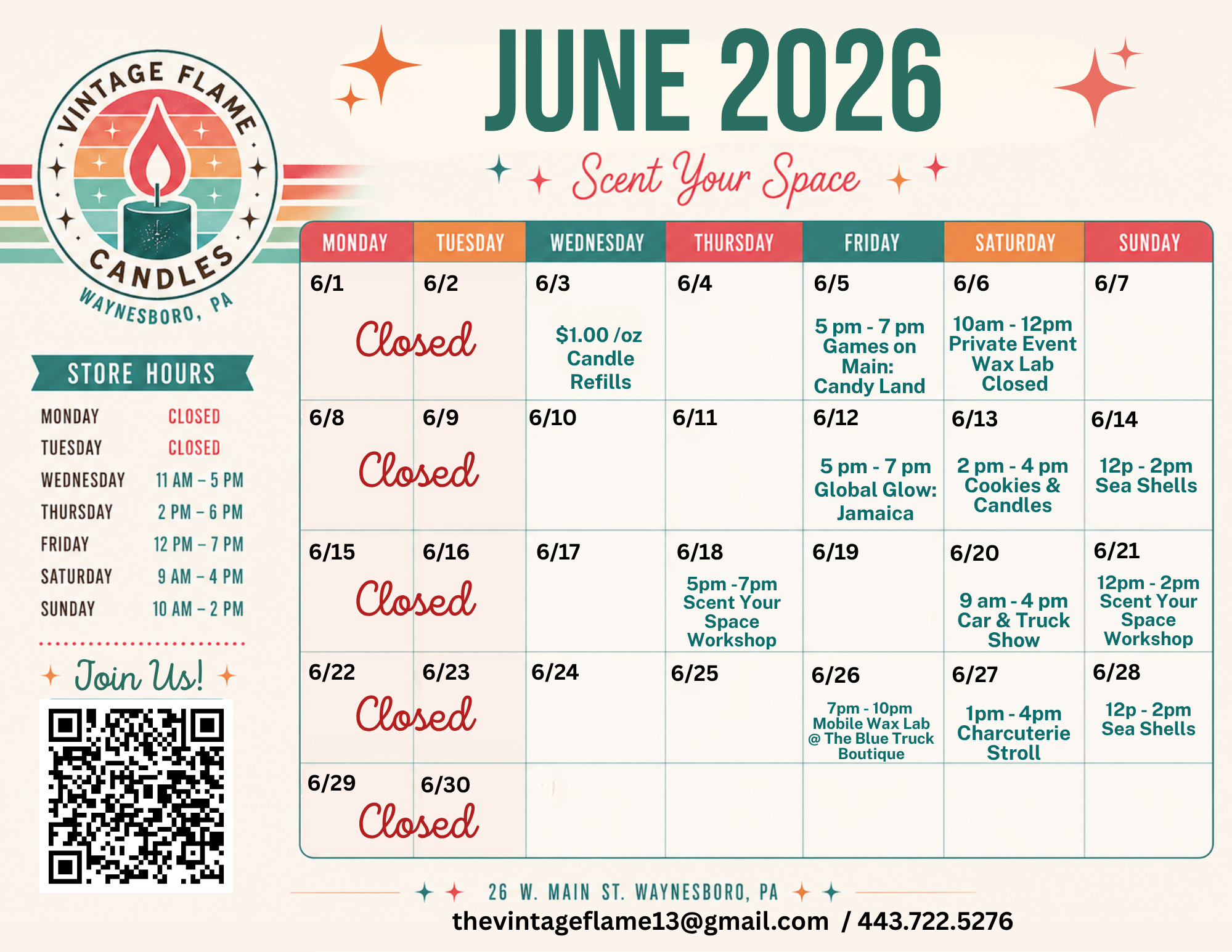 Schedule of events for the Vintage Flame Candles store in Waynesboro, PA, for June 2026, including store hours, special events, and closures.