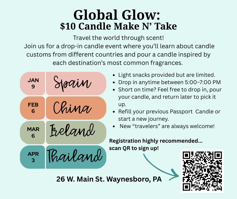 An event poster titled 'Global Glow: $10 Candle Make N' Take' promoting a worldwide candle-making event with dates and locations for four countries, along with event details and a QR code for registration.