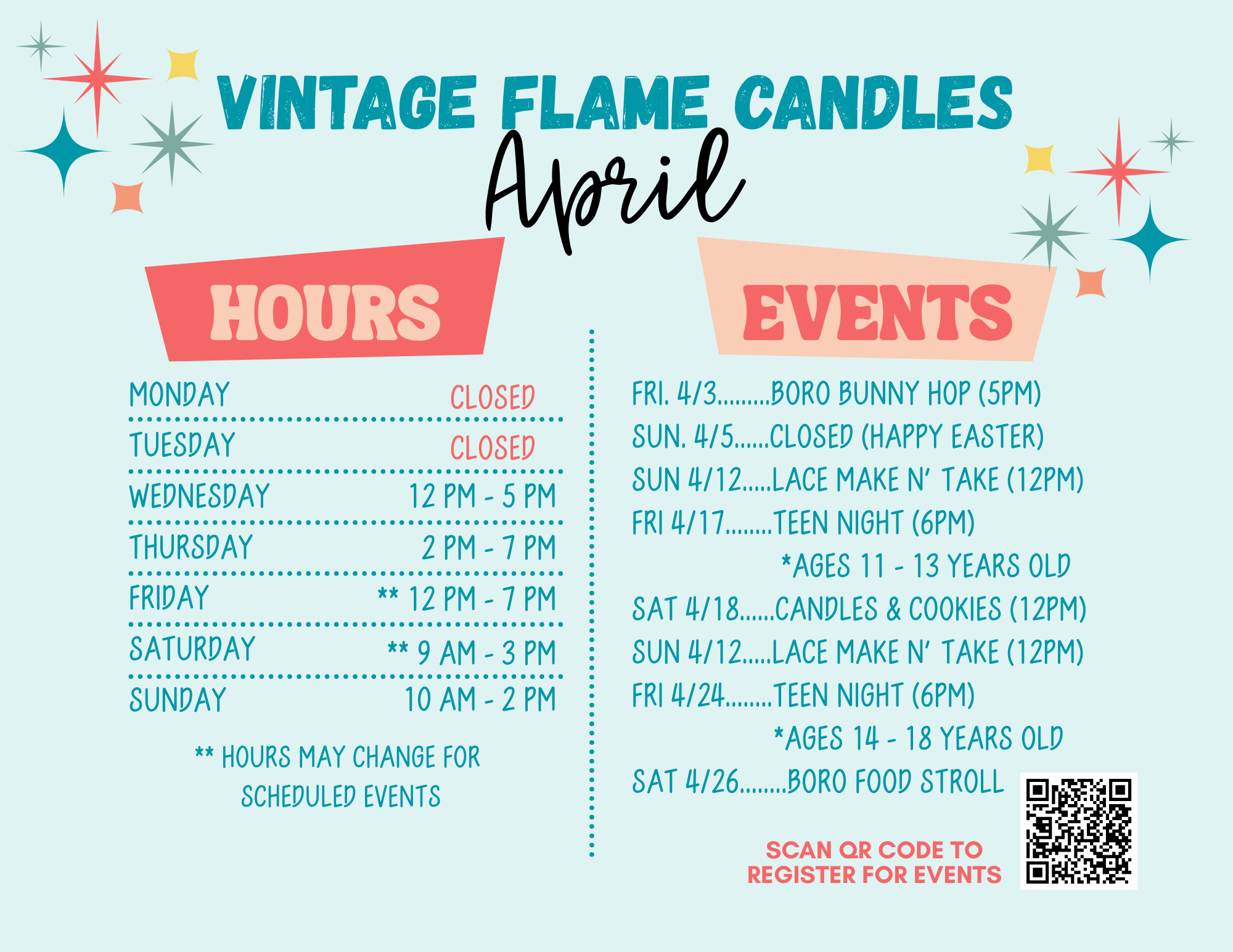 A schedule for Vintage Flame Candles in April, listing hours and upcoming events with dates and times. The schedule is on a light blue background with colorful star decorations.