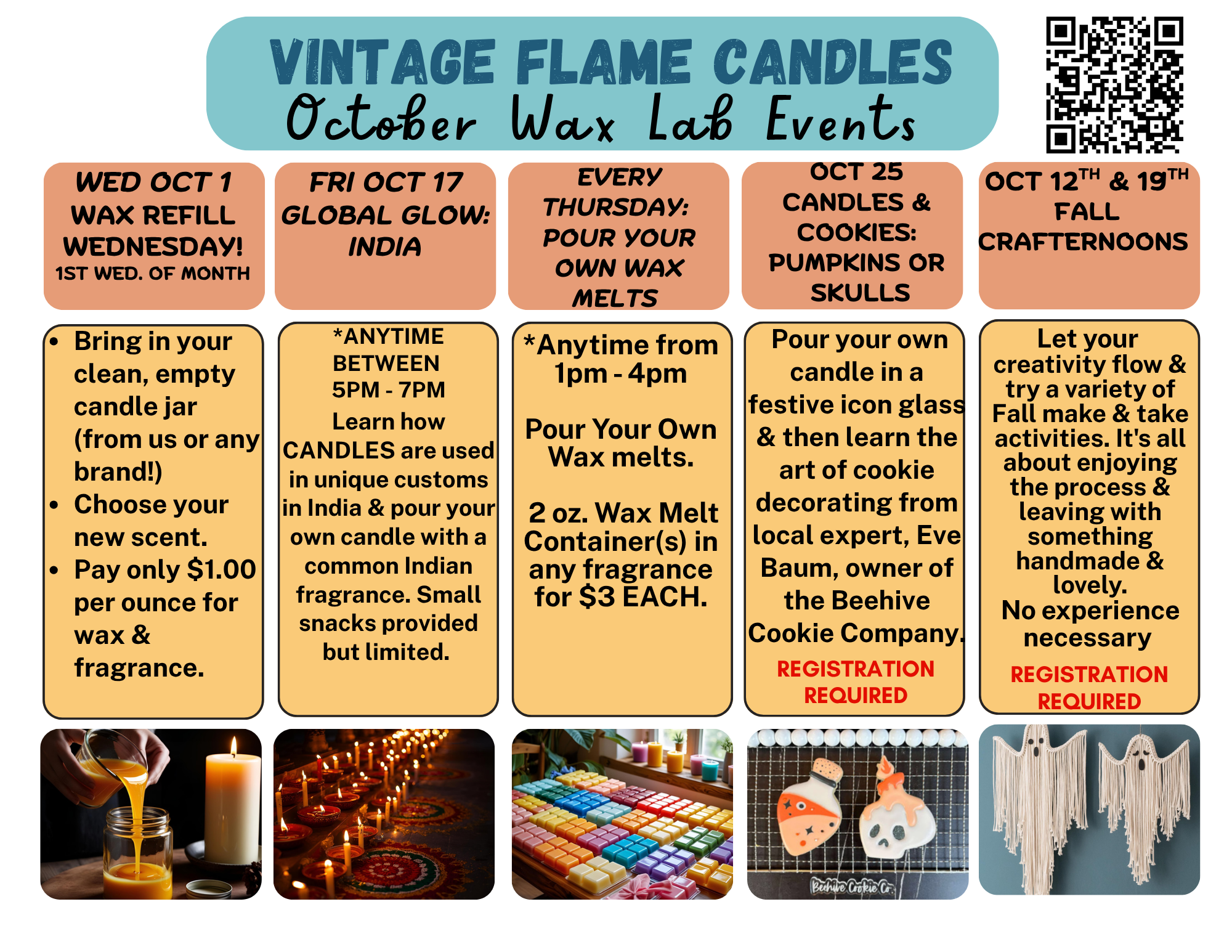 A colorful newsletter titled "Vintage Flame Candles October Wax Lab Events" listing candle-making activities for October. The newsletter includes five sections with dates and descriptions, alongside five images of candles, candles in a line, wax melts, decorated cookies, and handmade macrame wall hangings.