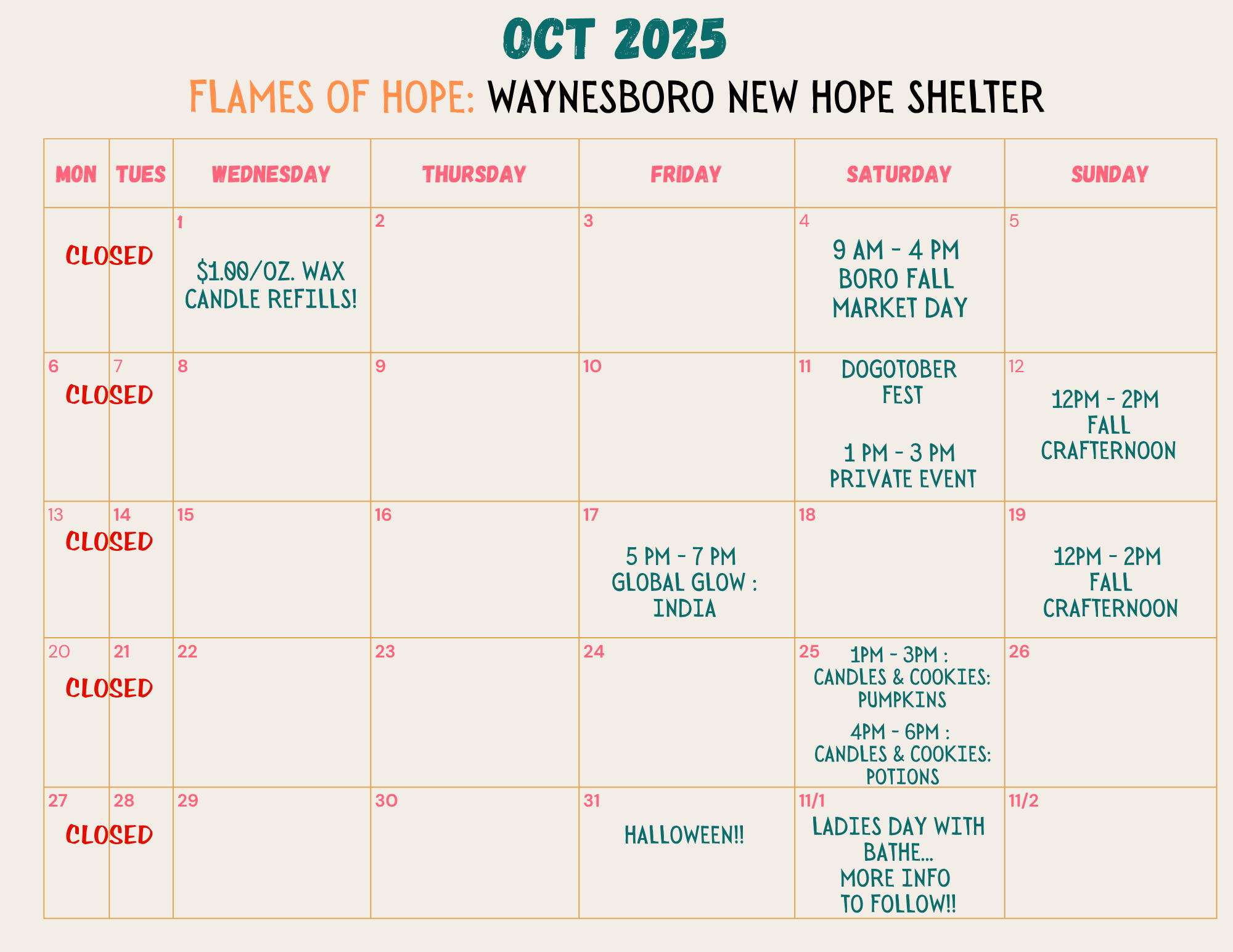 October 2025 schedule for Waynesboro New Hope Shelter, showing dates and events including candle refills, Boro Fall Market Day, Dogtober Fest, and Fall Crafternoon, with some days marked as closed.