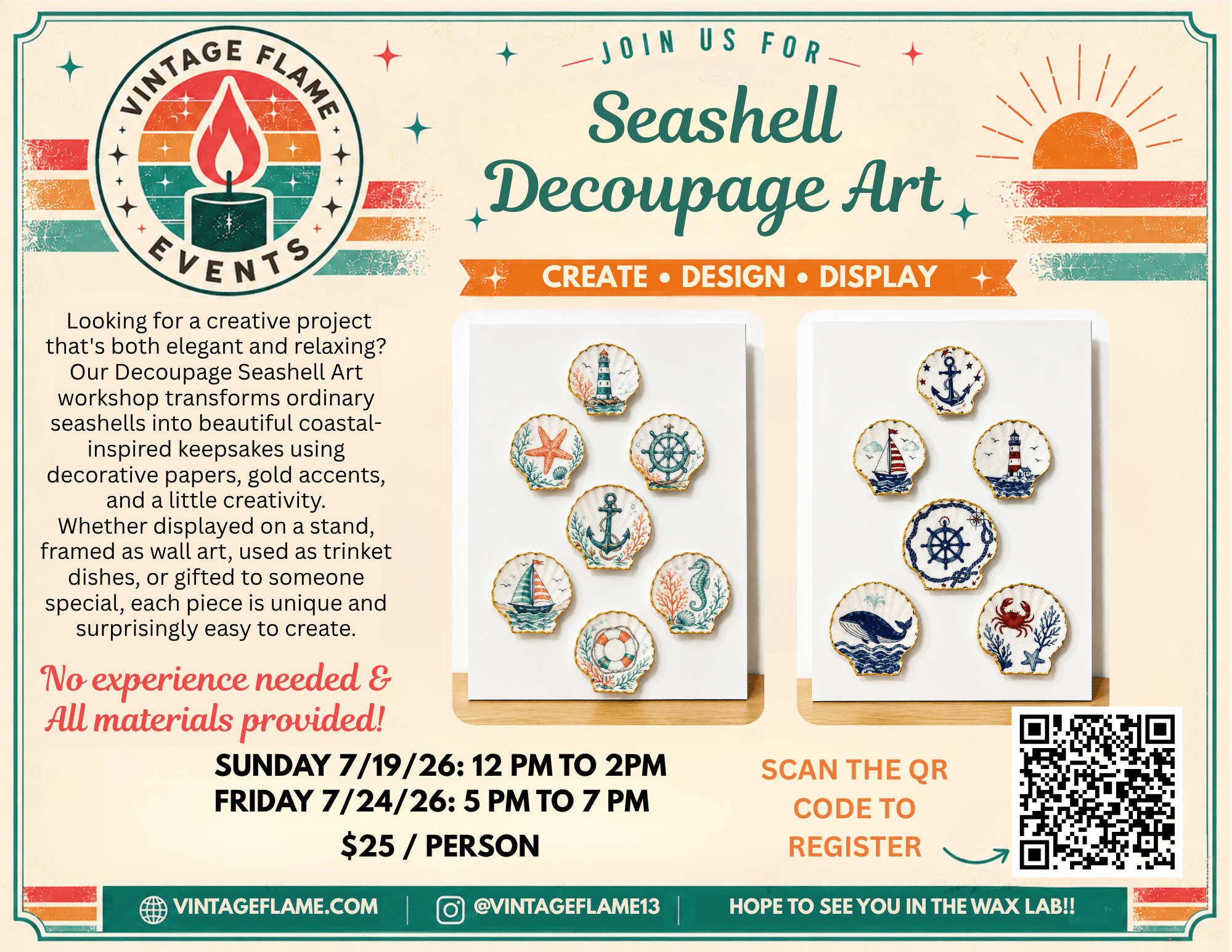 Flyer for a seashell decoupage art workshop with vintage flame theme. Features an emblem with flame and seashell designs, decorative border, and photos of decorated seashells. Text includes workshop details, dates, times, location, and registration QR code.