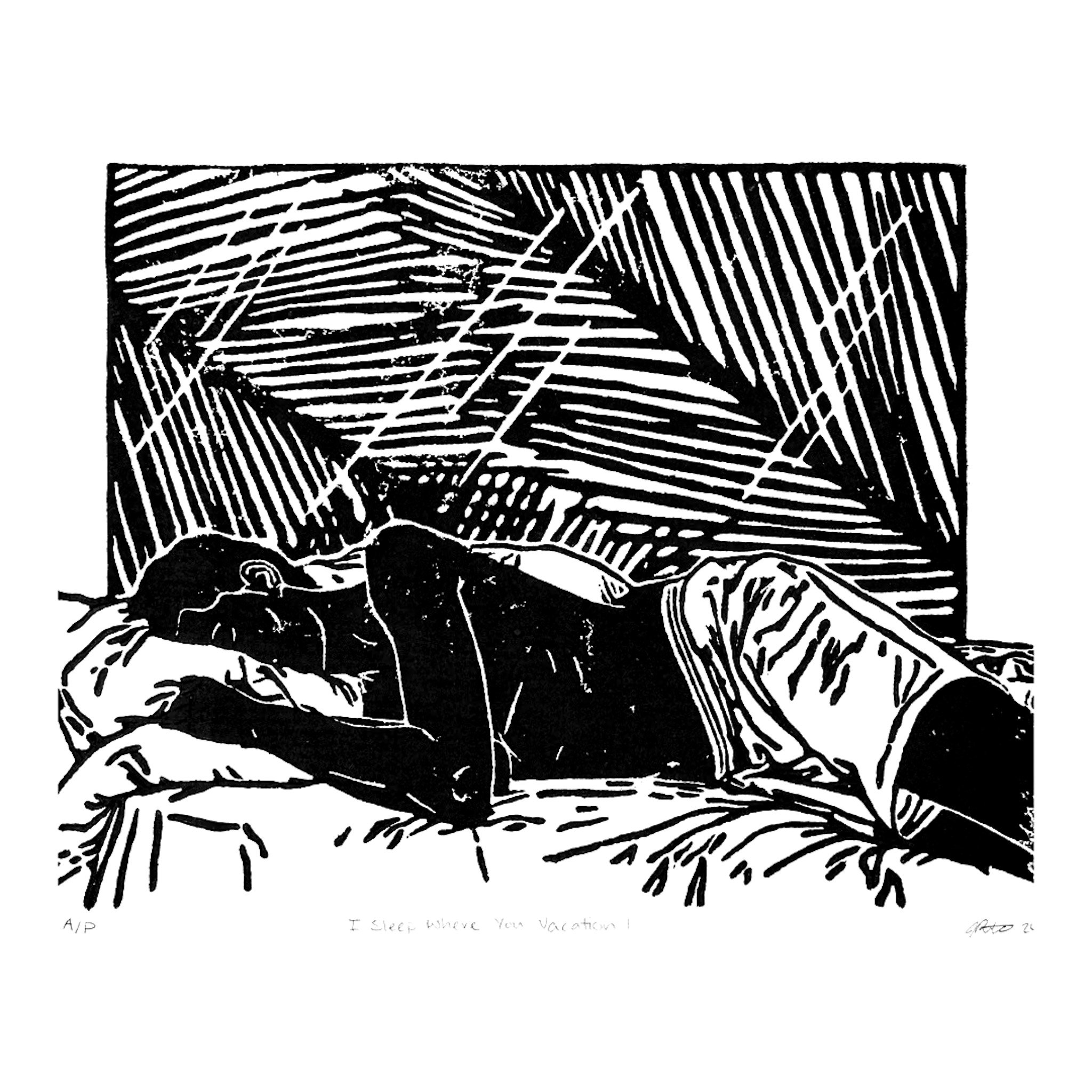 I Sleep Where You Vacation II, 2024
8.5" x 11"
Lino Print on Paper (AP)
