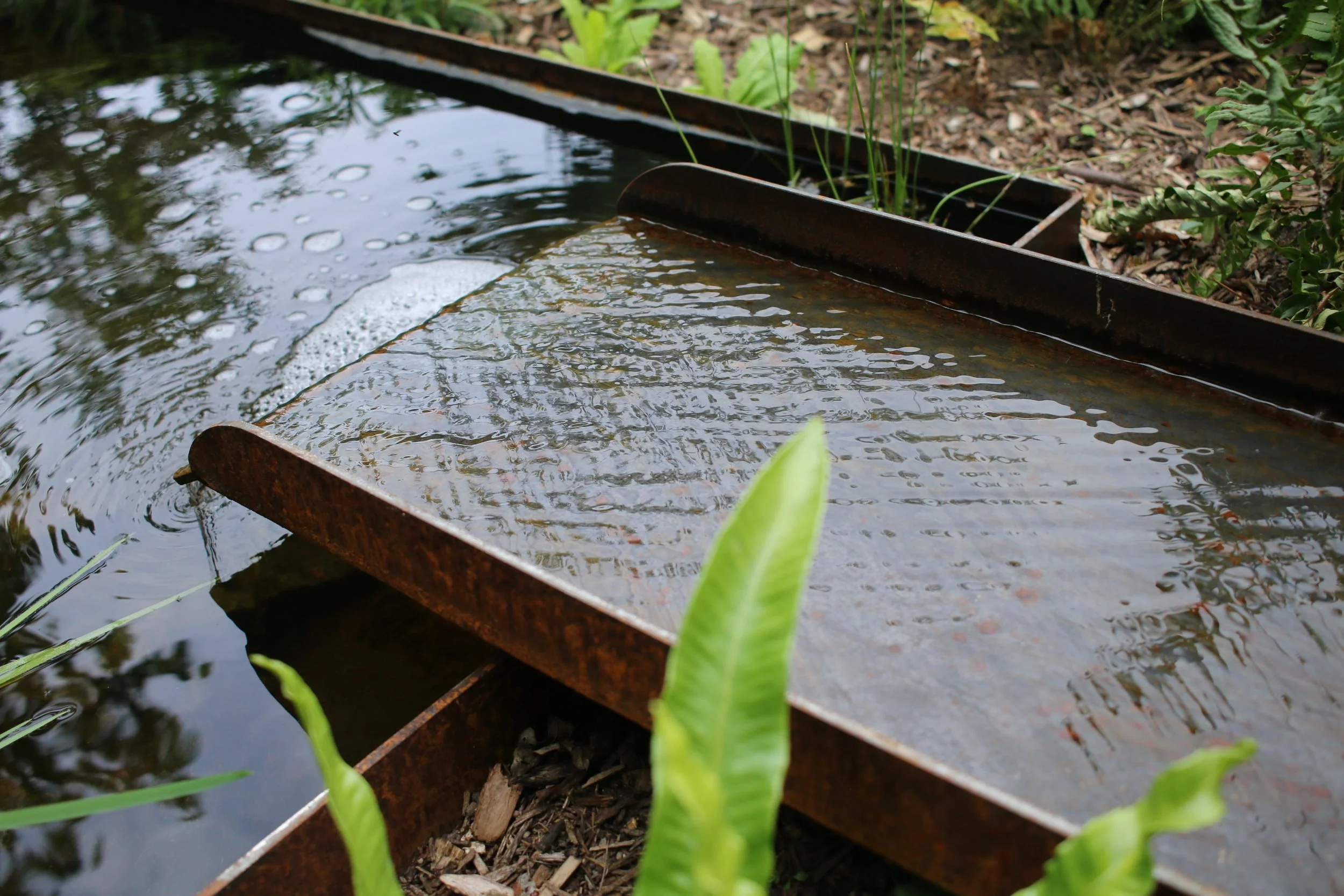 Rusty metal water feature with water flowing over it, surrounded by green plants and garden soil.