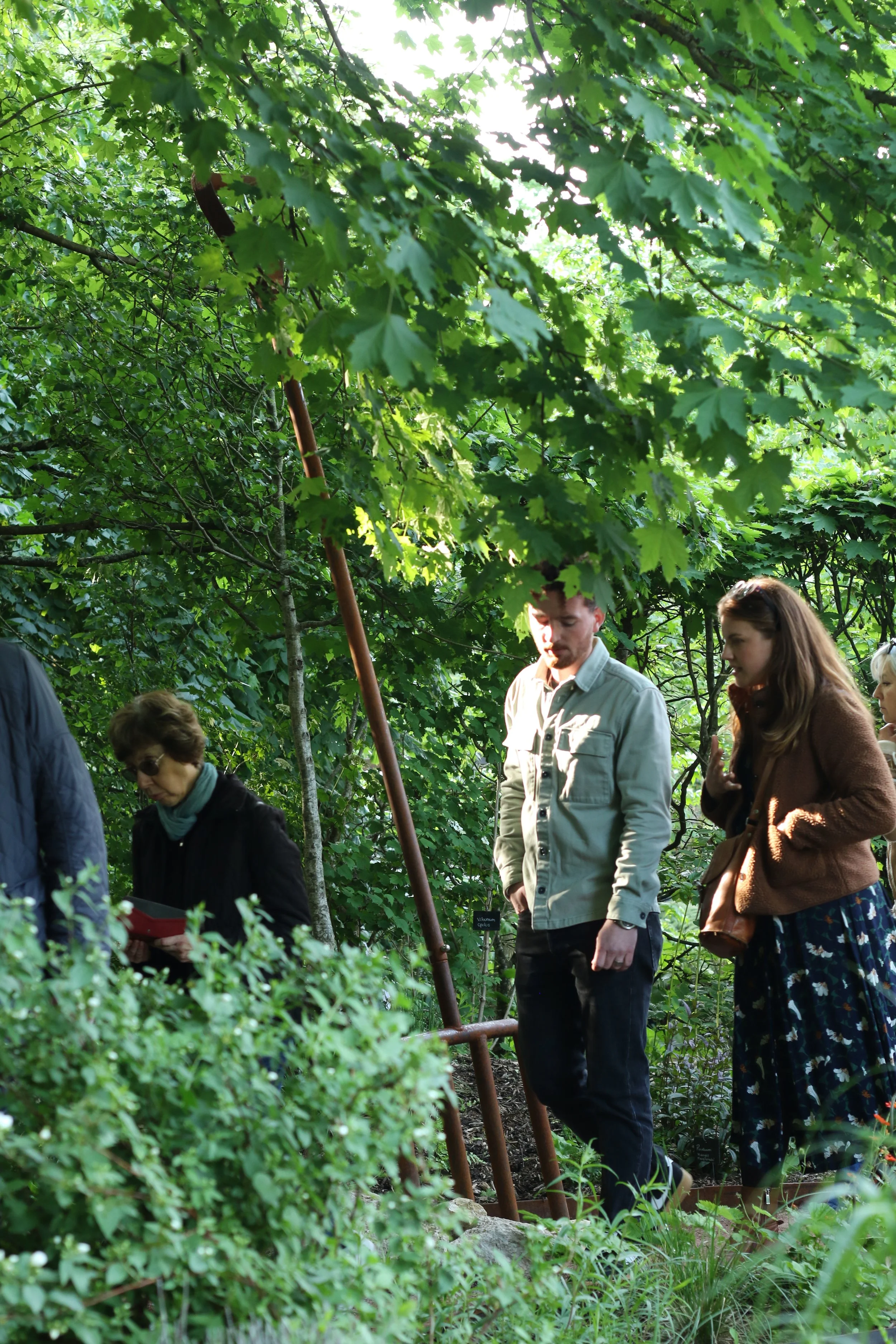People walking in a shaded outdoor garden area surrounded by green trees and plants.