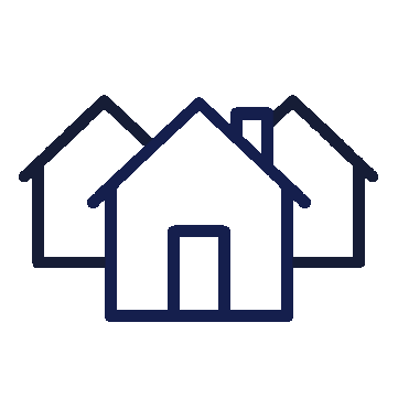 Line drawing of three houses with peaked roofs and a chimney