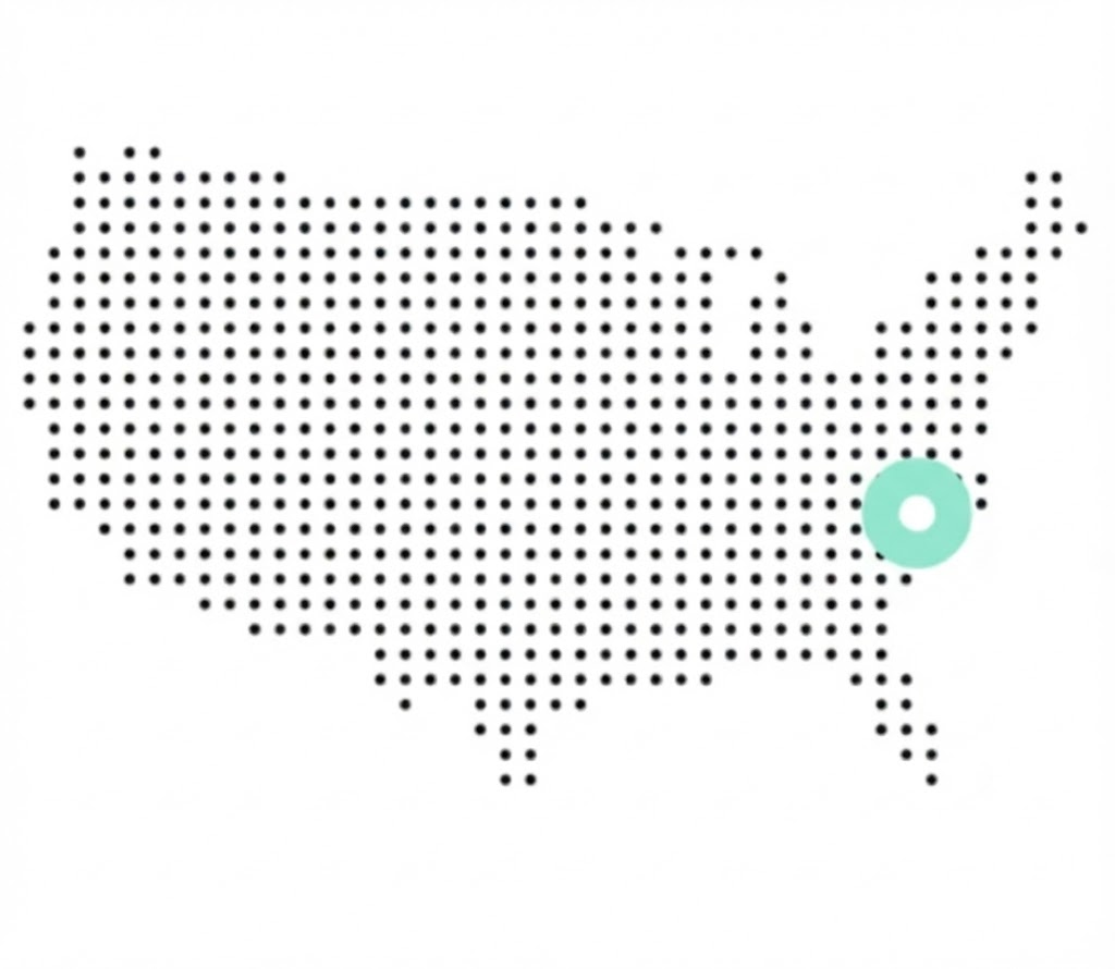 Dot map of the USA with a blue circle on North Carolina