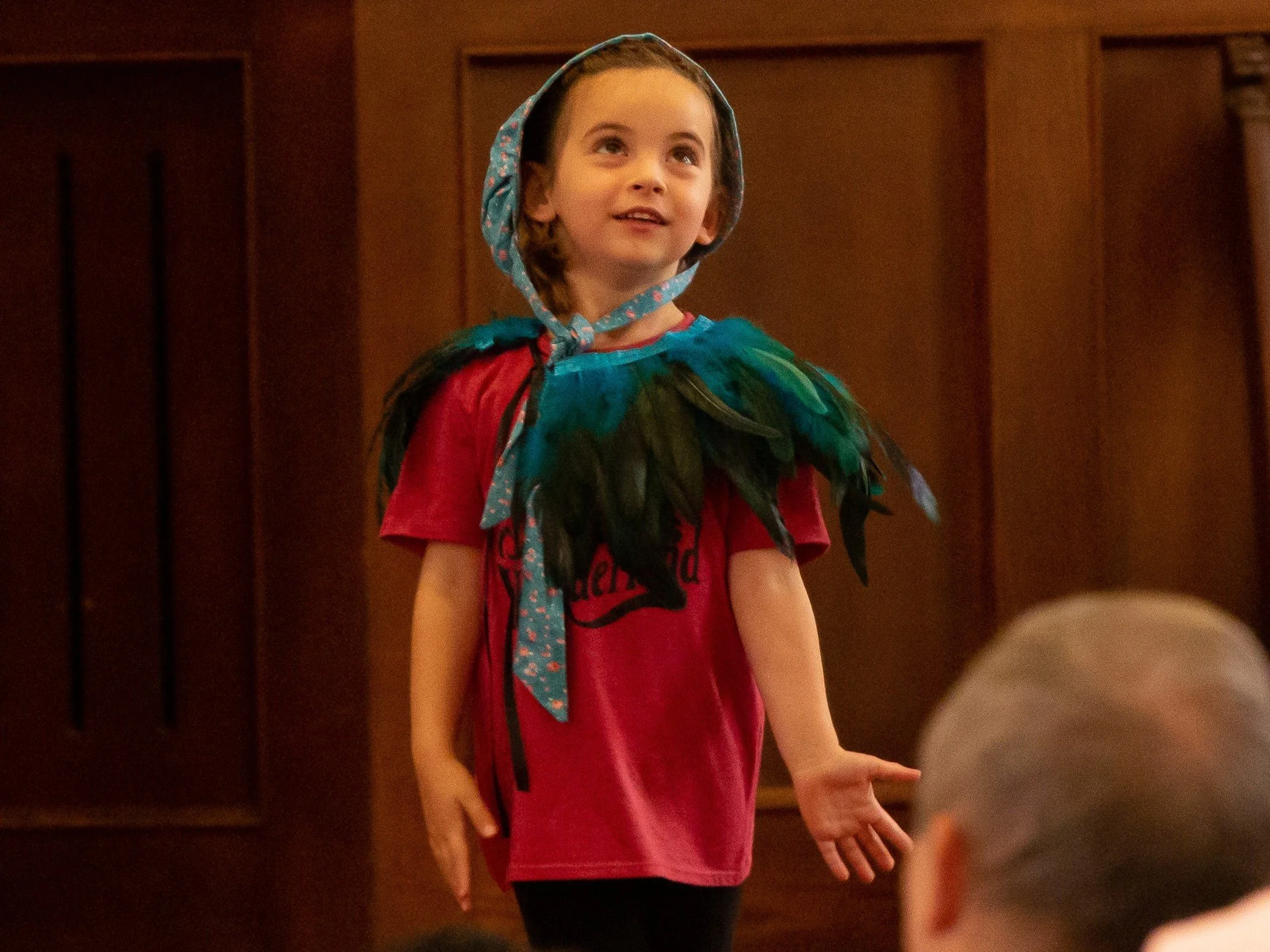 A young girl with brown hair wearing a blue hood and a red shirt, standing indoors in front of a wooden wall.