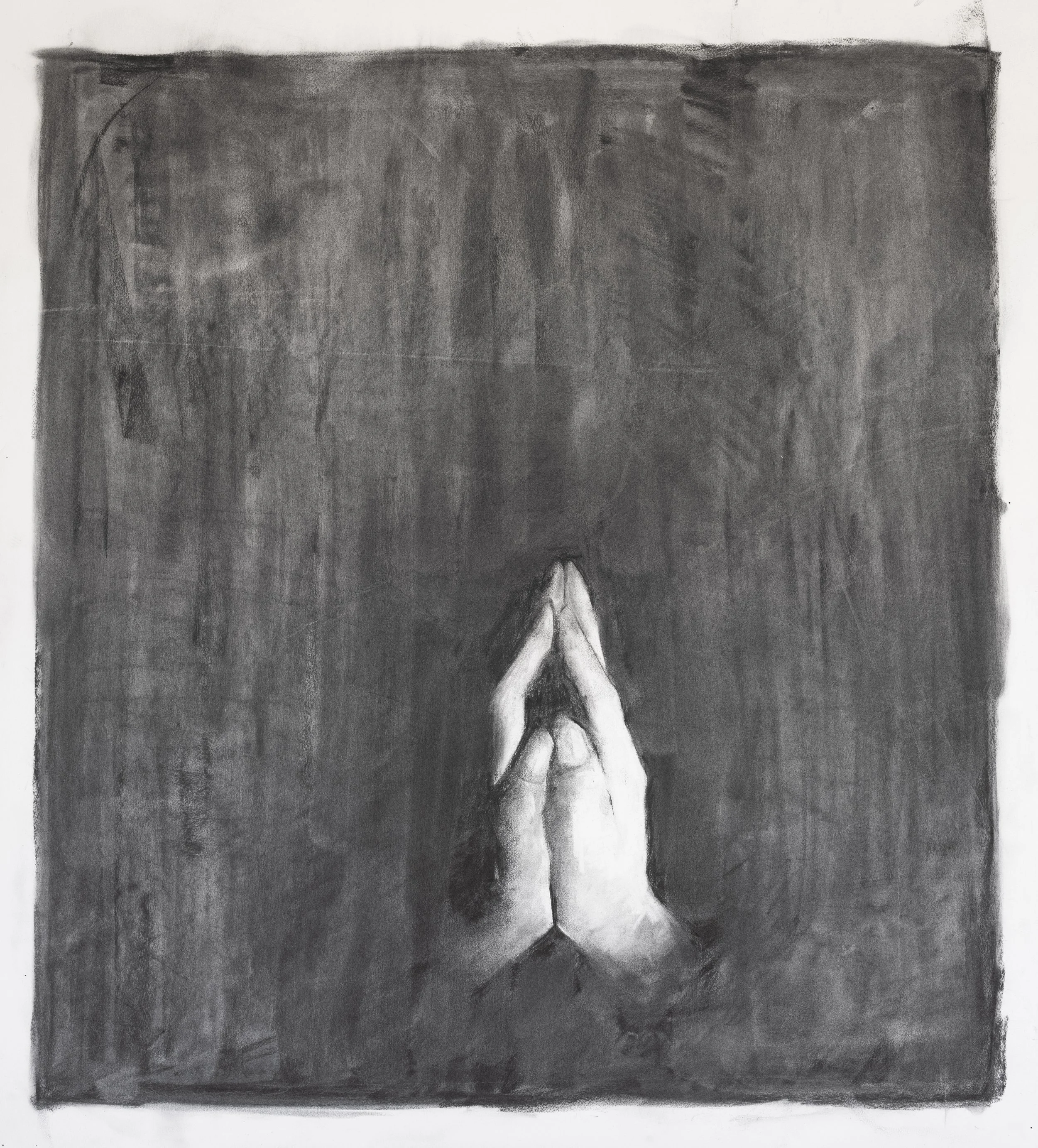 A black and white painting of two hands together.