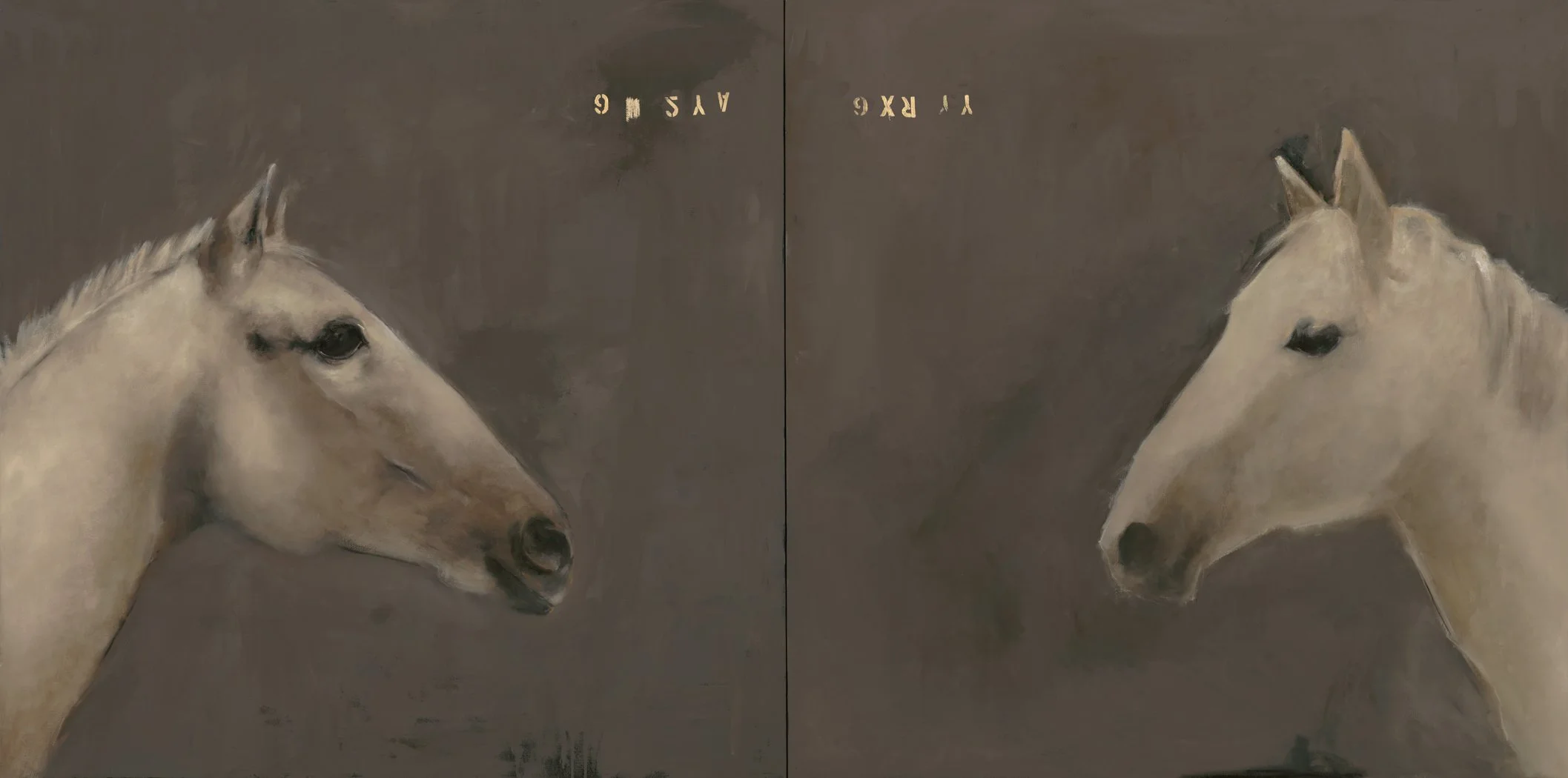 A painting of two white horses facing each other against a gray background.