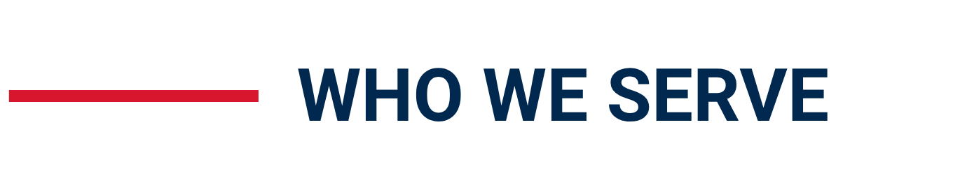 Logo with a red horizontal line and blue and black text reading "Who We Serve".