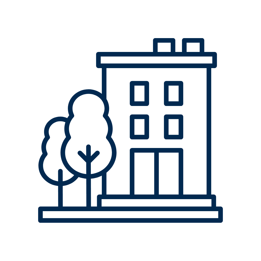 Outline drawing of a multi-story apartment building with two trees beside it.