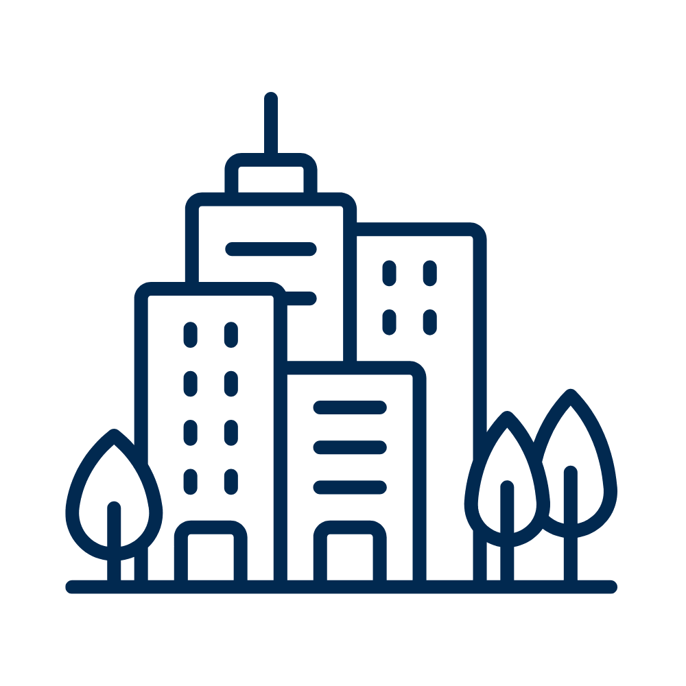Line drawing of commercial buildings.