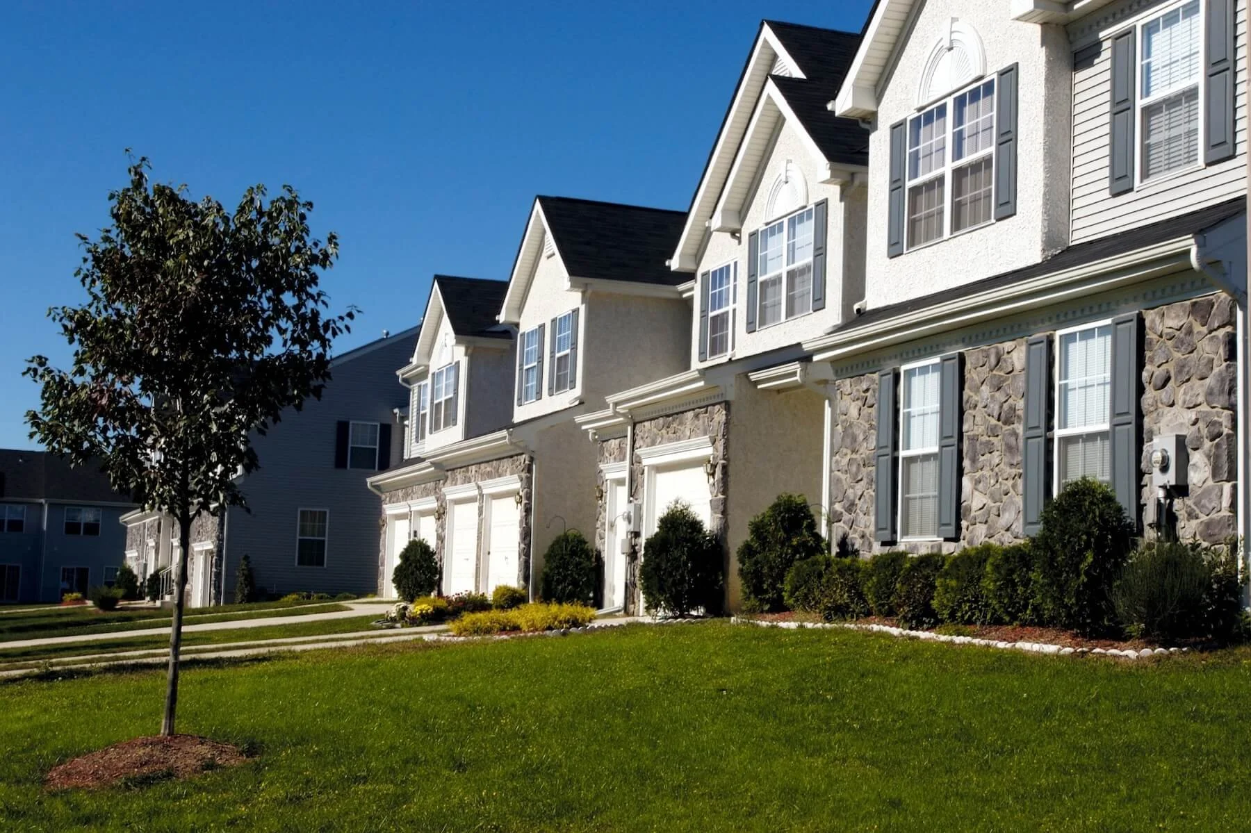 A row of modern townhouses in Grafton, MA with white and stone exteriors, black roofs, and large windows, with manicured lawns and a tree in the foreground under a clear blue sky.