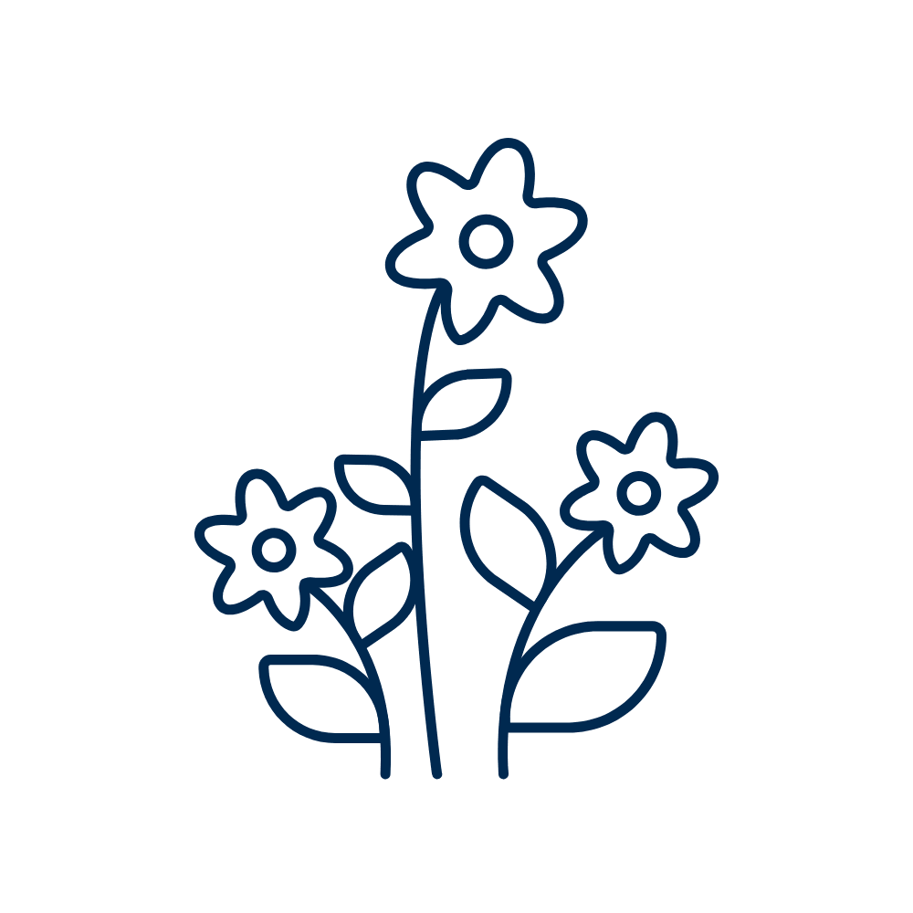 Outline drawing of three flowers with leaves.