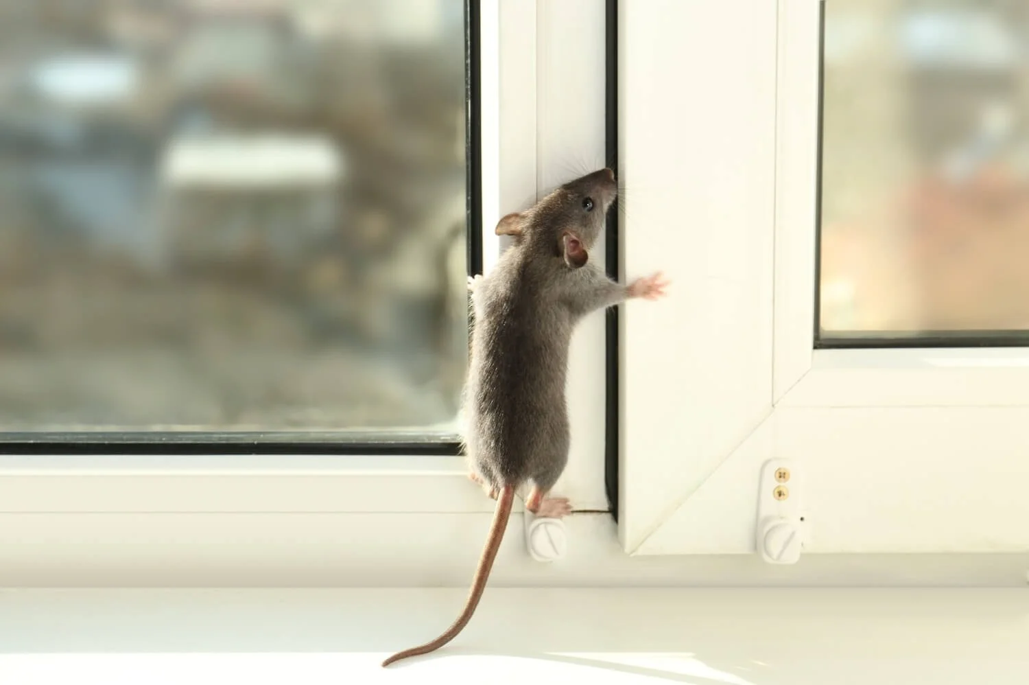 A small gray mouse standing on its hind legs, reaching up and peeking through a window or door frame