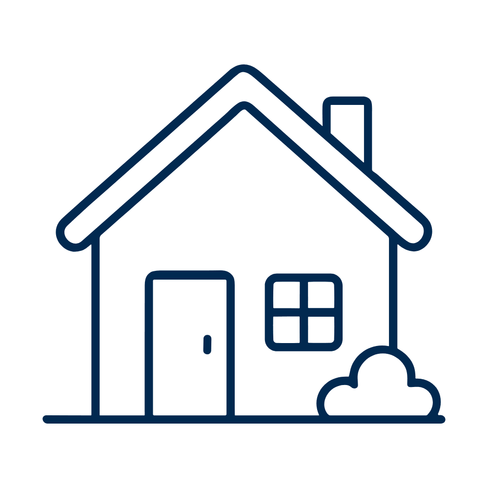 Line drawing of a house with a door, window, chimney, and bush.