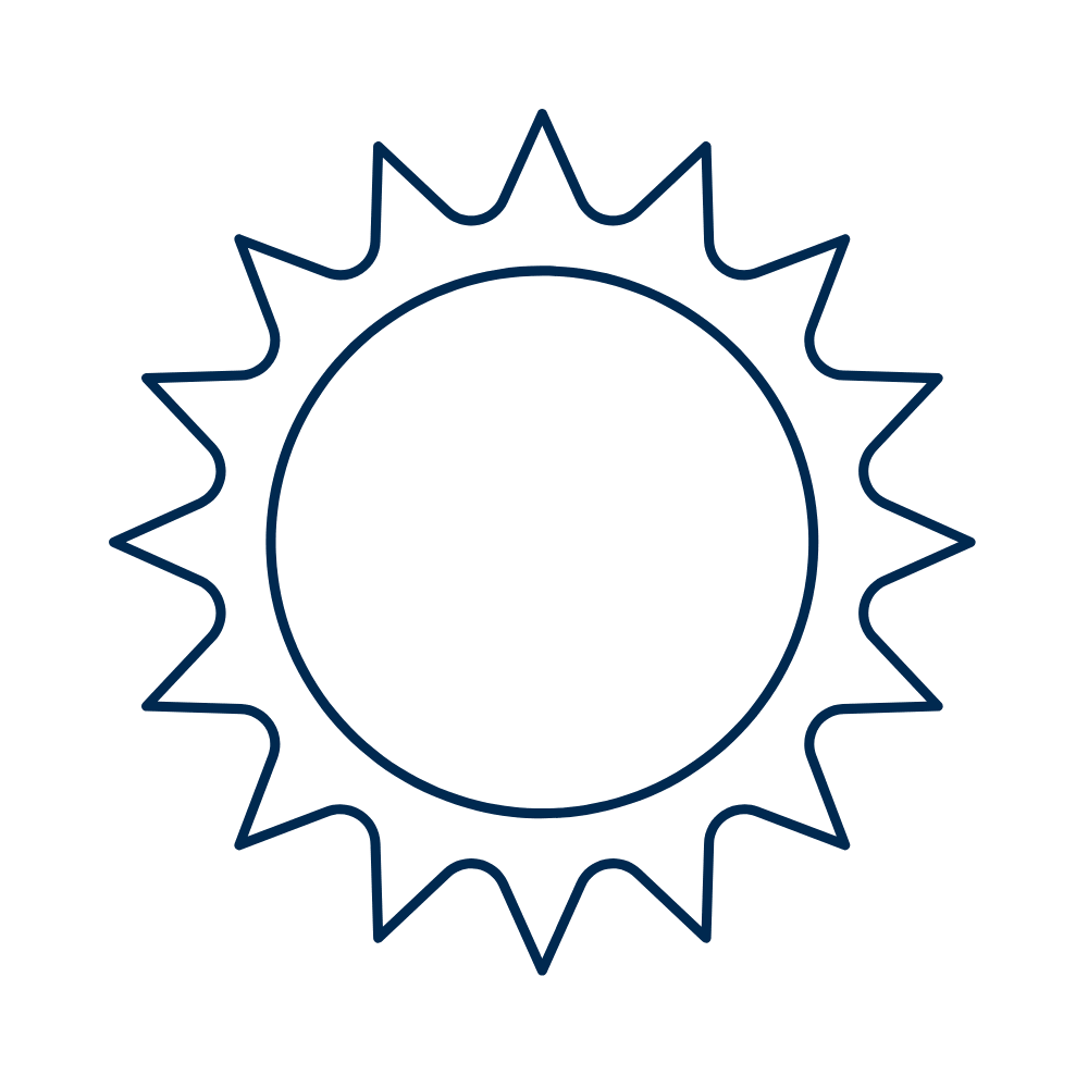 Outline of a sun with rays extending outward, depicted with a circular center and jagged edges representing sunbeams.