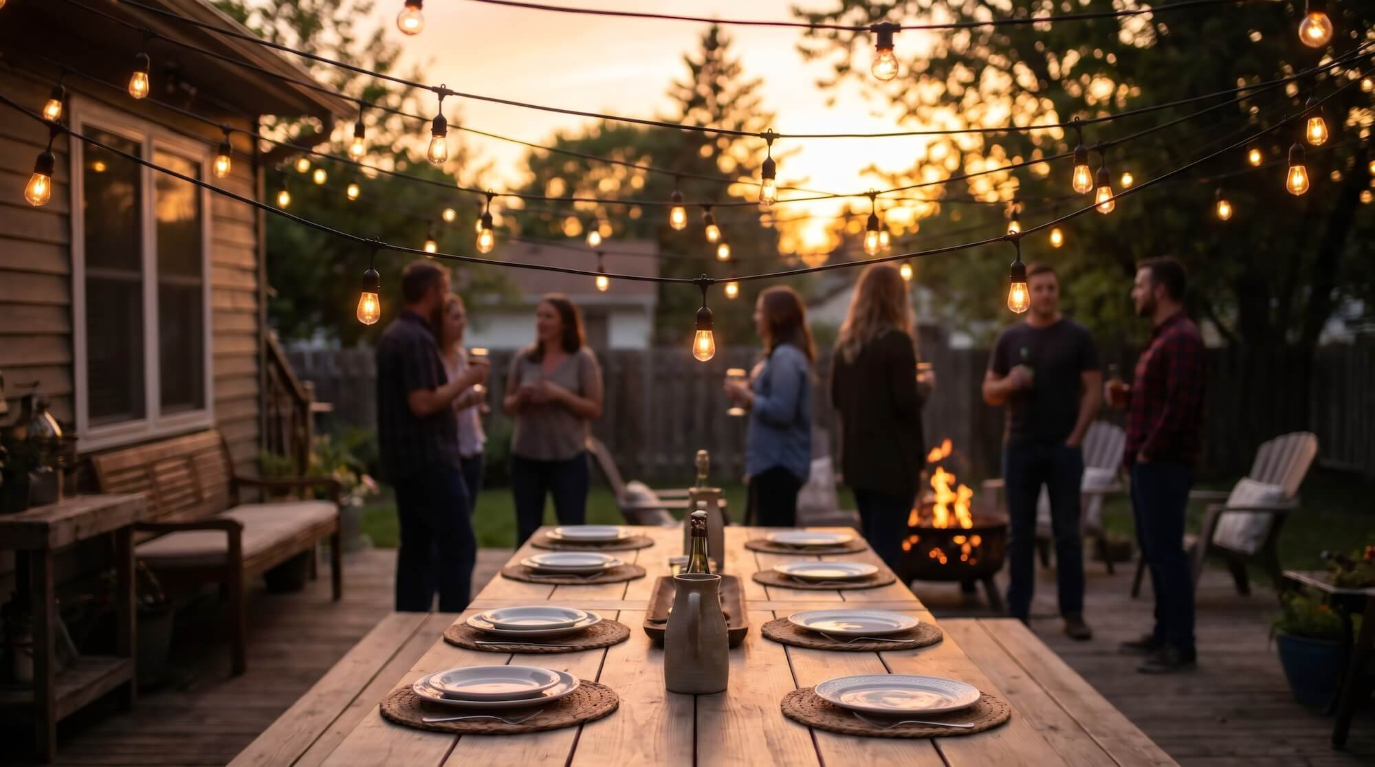 Group of people gathered outdoors in Sutton, MA around a table with plates and bottles, illuminated by string lights hanging overhead enjoying a mosquito-free dinner party..