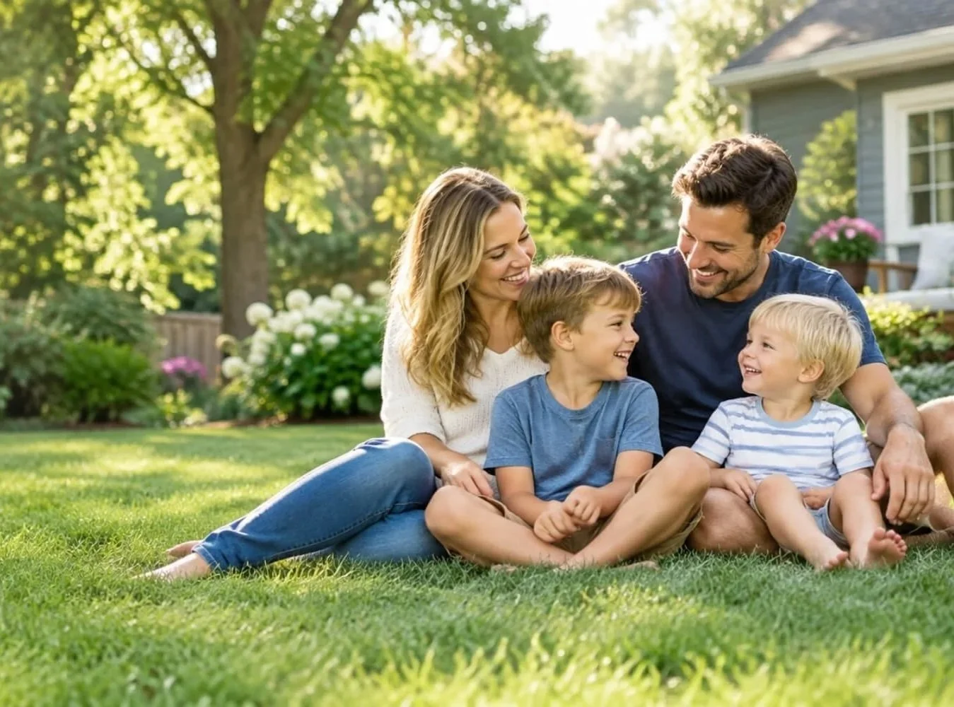 A happy family of four sitting on the grass in a backyard, smiling and looking at each other surrounded by trees and flowers.