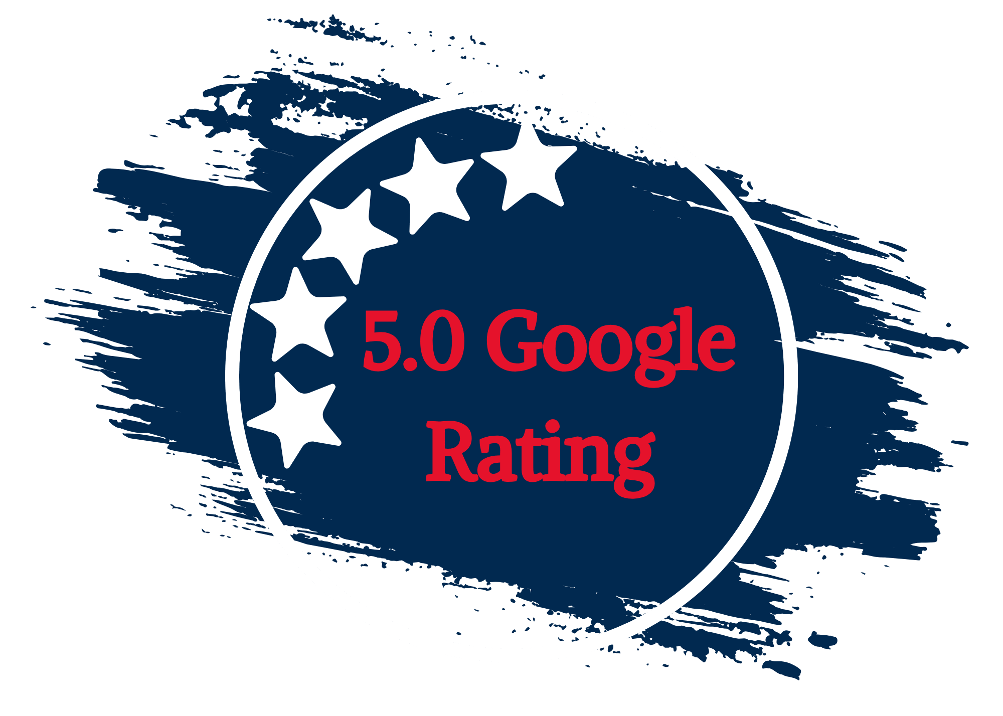 Blue graphic with star shapes and the text '5.0 Google Rating' in red.