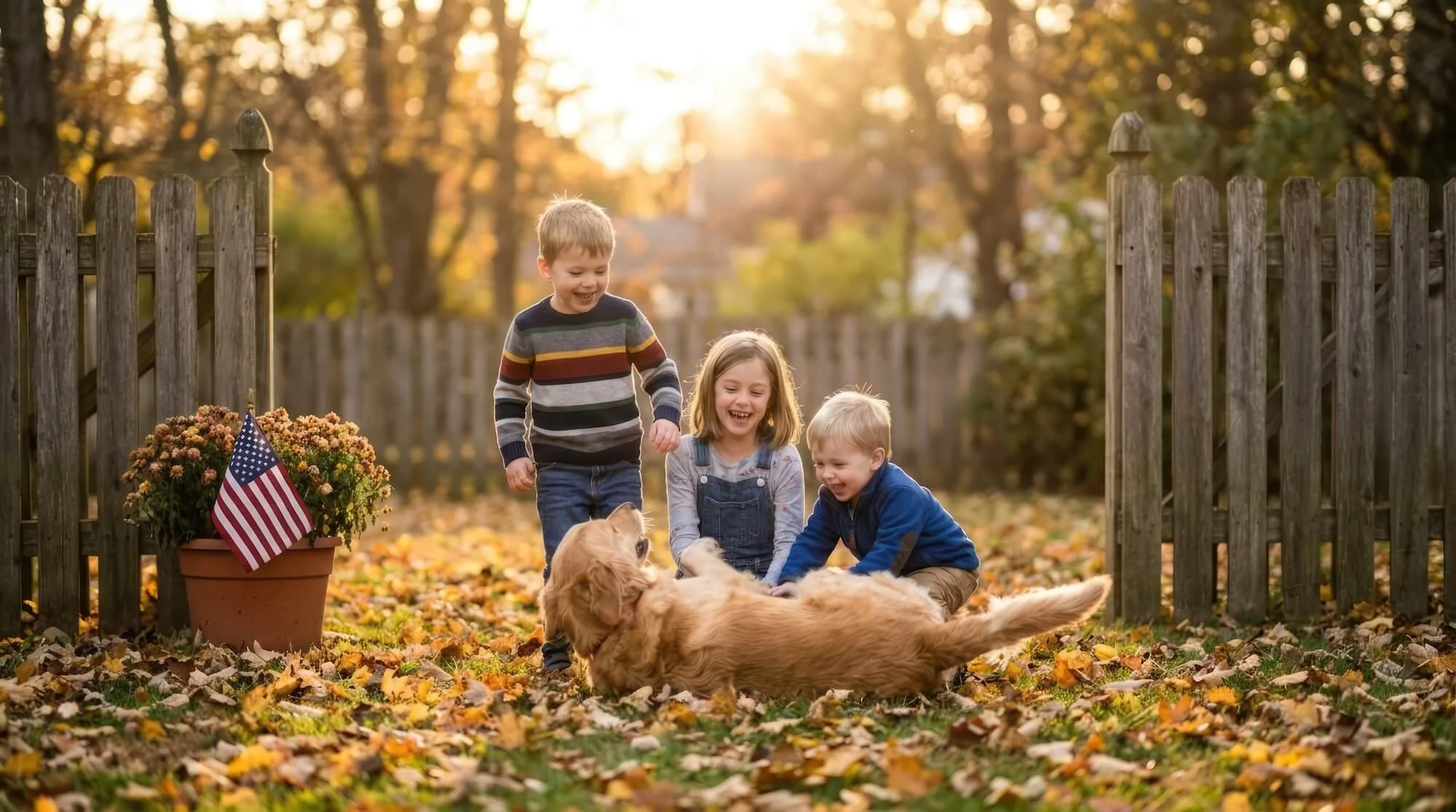 Four children playing with a golden retriever puppy in a backyard in Northbridge surrounded by fallen autumn leaves.