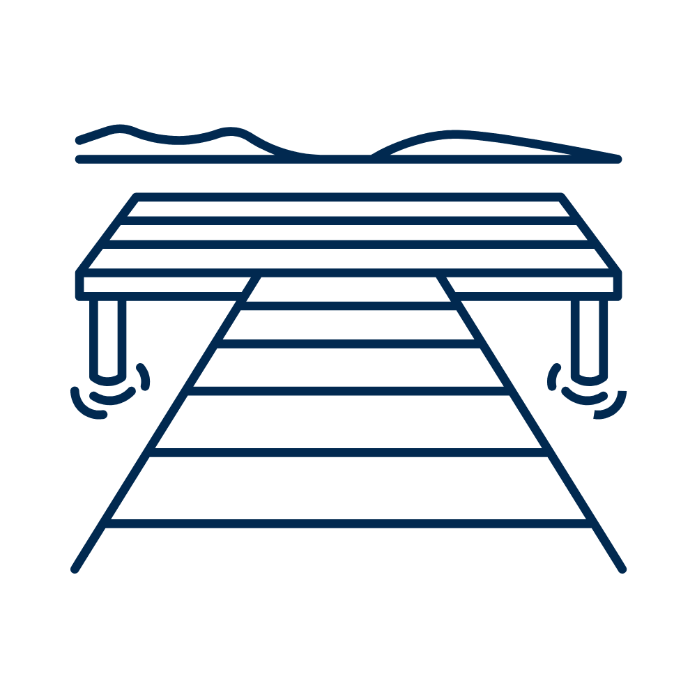 Line drawing of a wooden dock extending into water to show pest control options for shorelines.