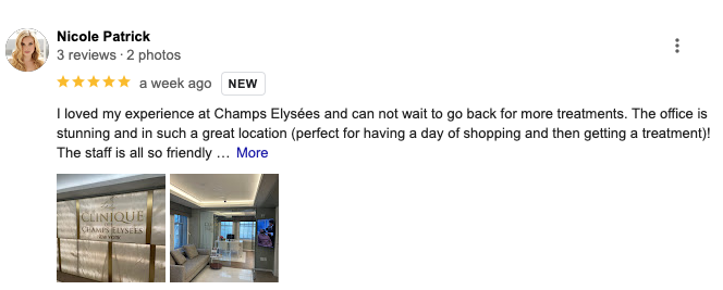 Screenshots of a Google review for Champs Élysées clinic with photos of the clinic's exterior and interior.