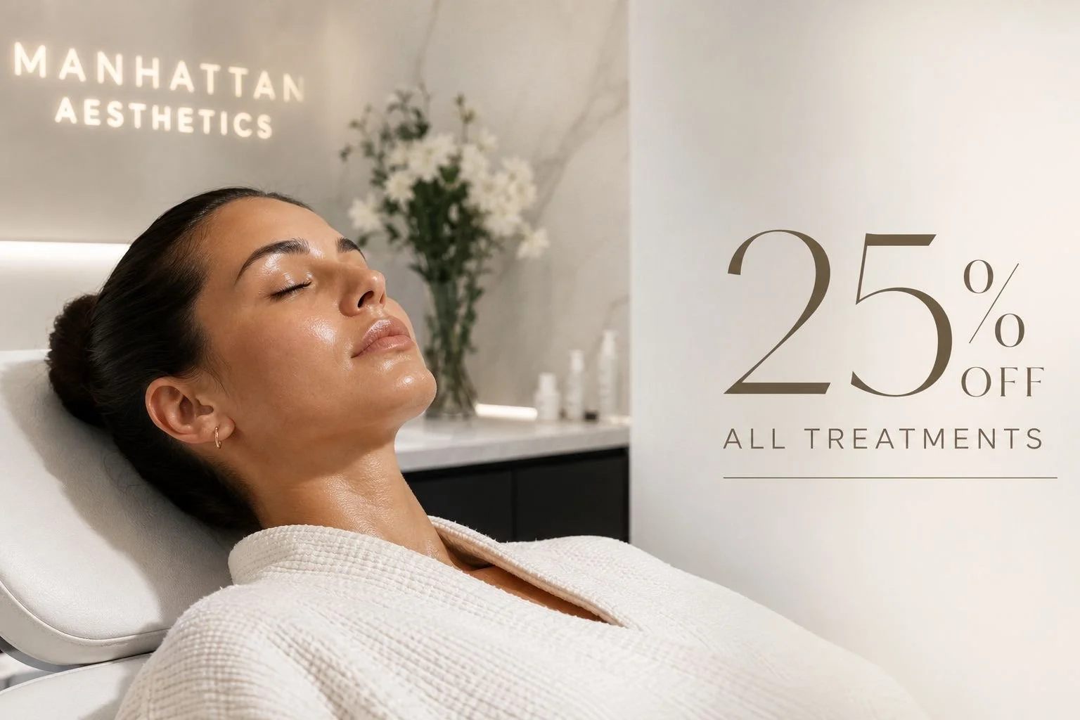 A woman with clear, glowing skin relaxing with eyes closed at a skincare clinic, advertising 25% off on all treatments.