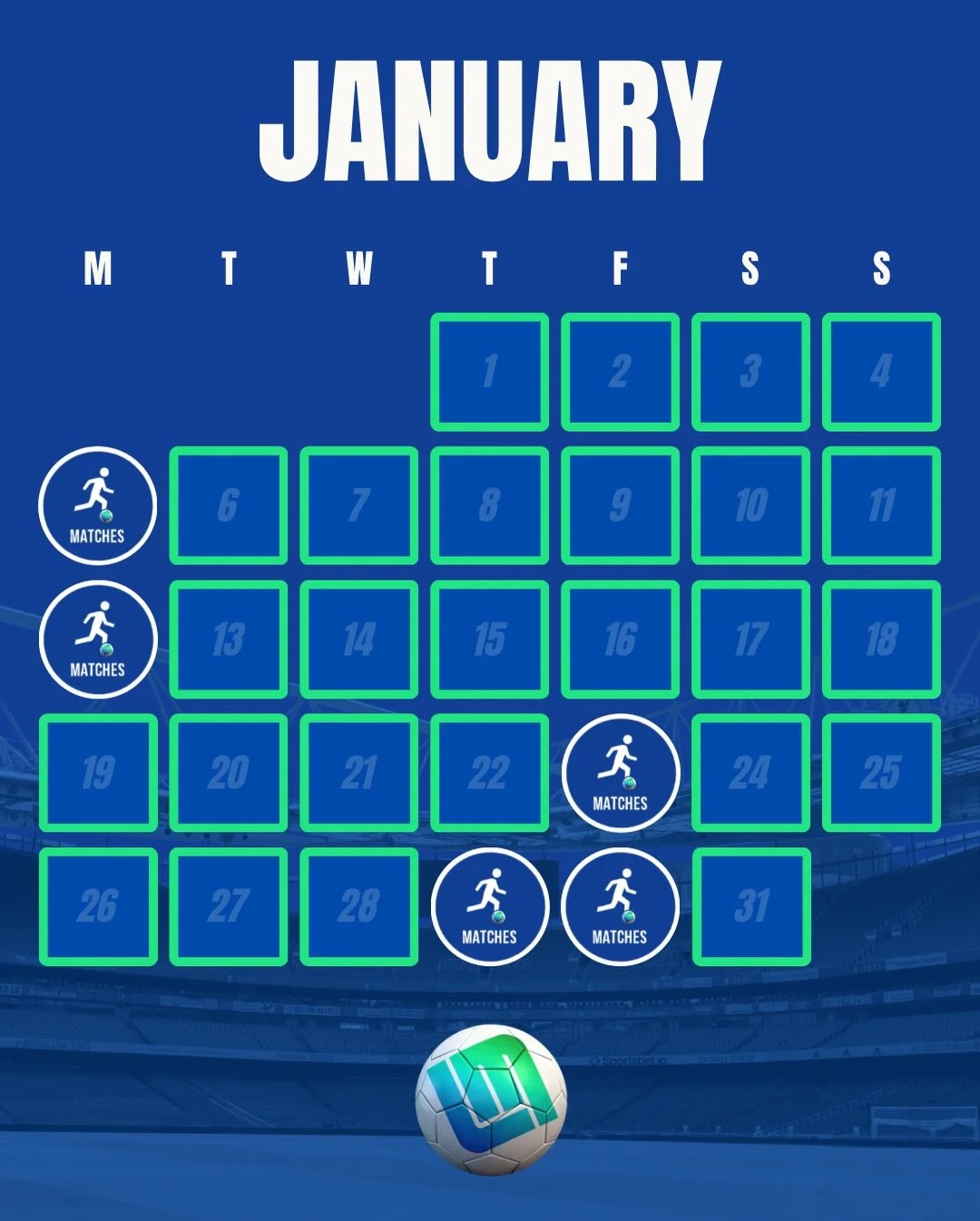 🏟️Game On! Our January match calendar is here⚽️
Swipe 👉 to see all the dates, locations and kick-off times for the month.
Don&rsquo;t miss a moment of the action💙