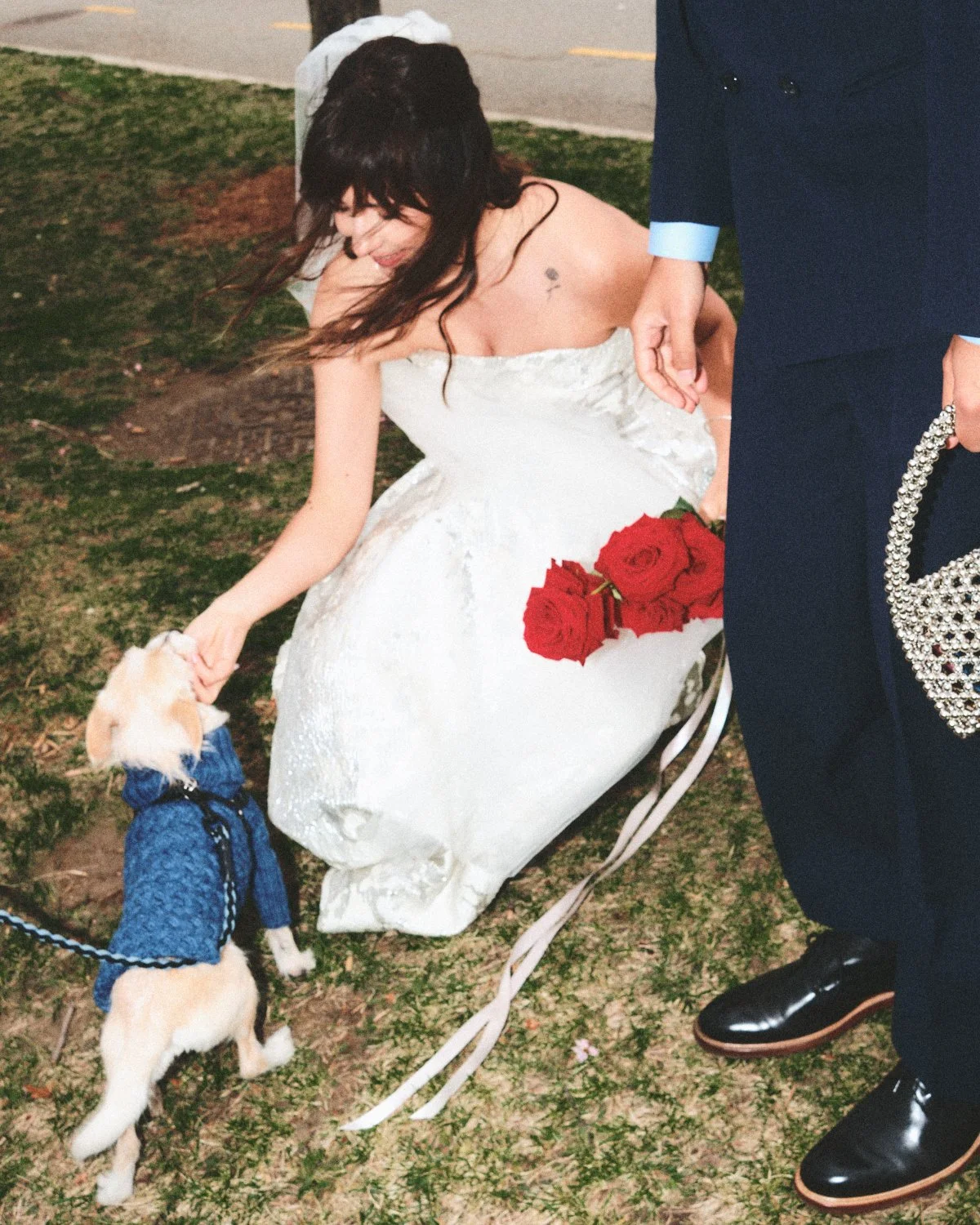 A woman in a wedding dress holding a small dog on a leash, with a man standing nearby holding a bouquet of three red roses photographed by Madivan Studios. The scene takes place outdoors in NYC on grassy ground.