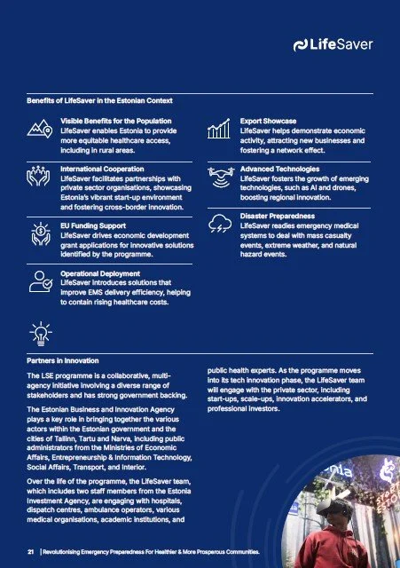 Information about LifeSaver's benefits, technology, and partnerships, with a person wearing a hard hat outdoors.