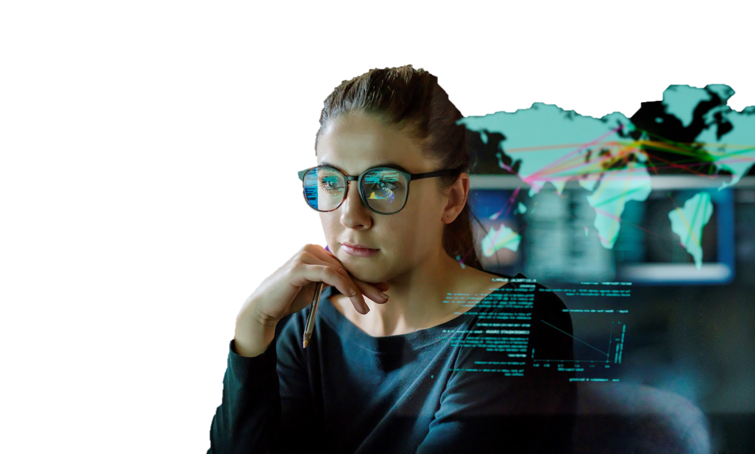 A woman wearing glasses and a black top, sitting with her chin resting on her hand, working on a computer with digital graphics of a world map and data projections overlaid.
