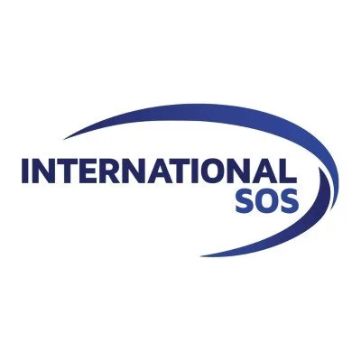 Logo for INTERNATIONAL SOS with blue swoosh design.
