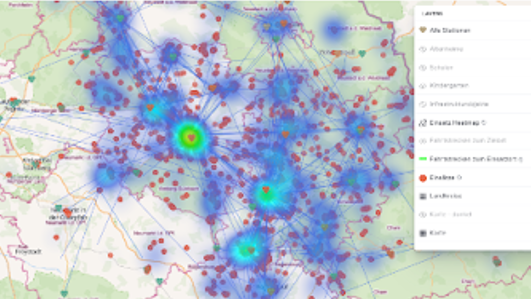 Heatmap of network activity in an urban area, showing data points and connections, with a color-coded legend indicating different network statuses and data types.